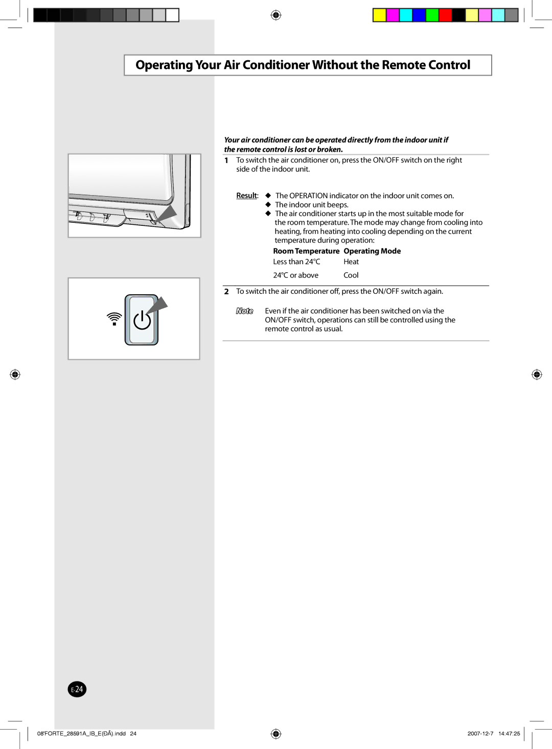 Samsung AQ09NSBN, AQ09NSAN manual Operating Your Air Conditioner Without the Remote Control, Room Temperature Operating Mode 