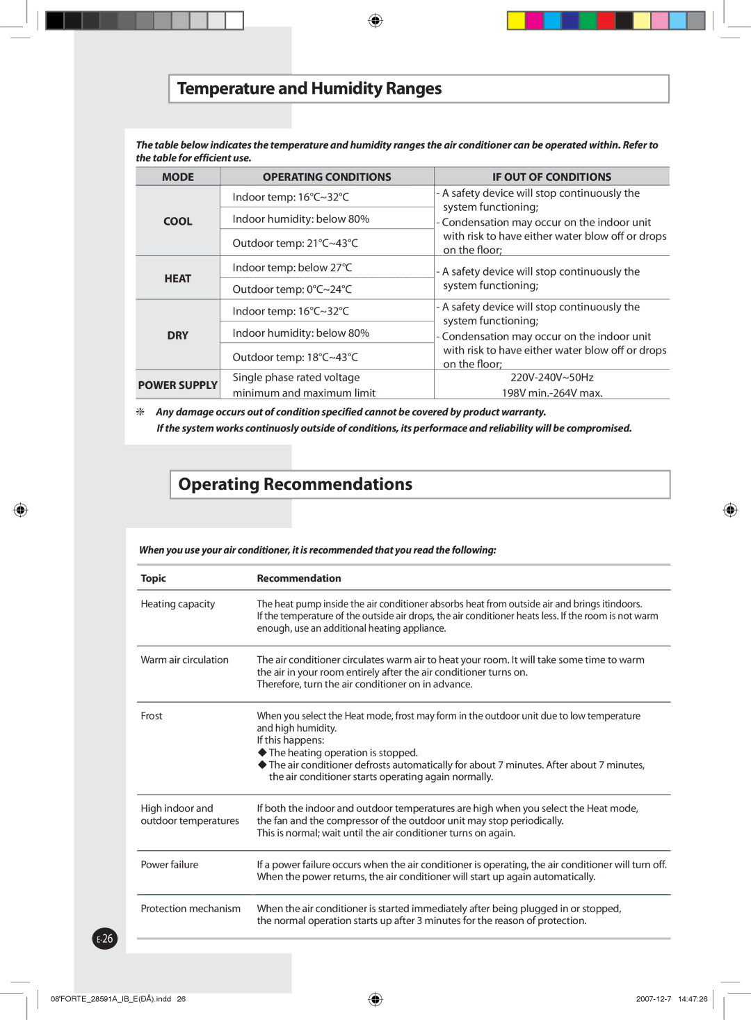 Samsung AQ12FDN, AQ09NSAN, AQ24FCN, AQ12FCX, AQ09FAN, AQ24FAN manual Temperature and Humidity Ranges, Operating Recommendations 