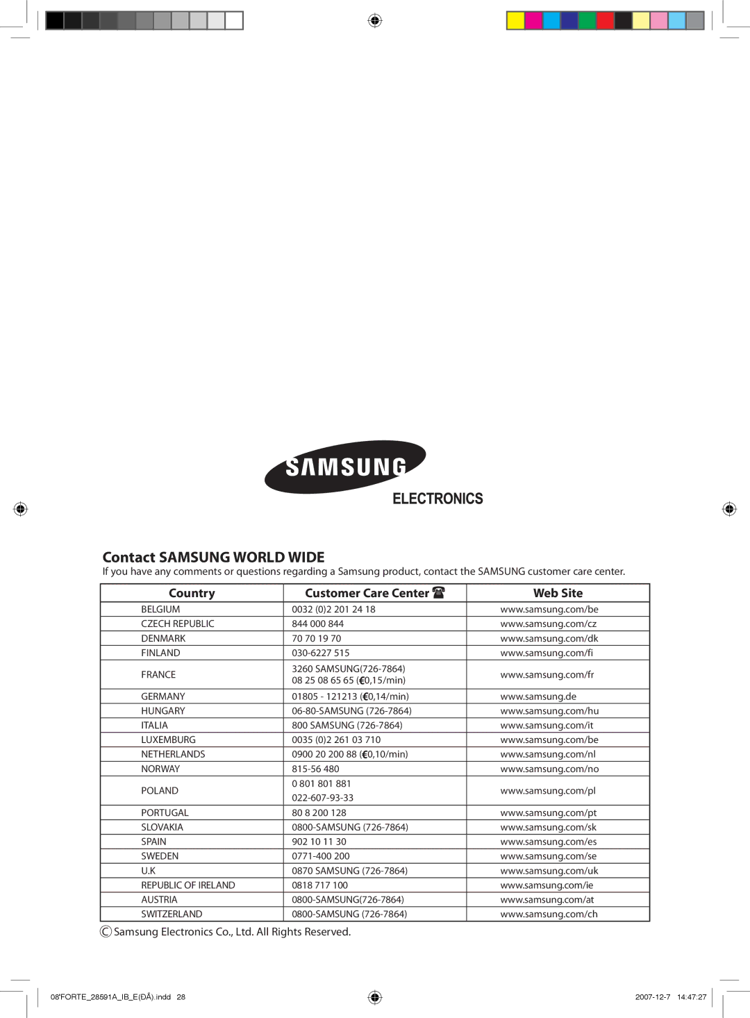 Samsung AQ12FDX, AQ09NSAN, AQ24FCN, AQ12FCX, AQ09FAN, AQ24FAN, AQ18NSAX, AQ18FCX, AQ09SAX, AQ24NSAN Contact Samsung World Wide 