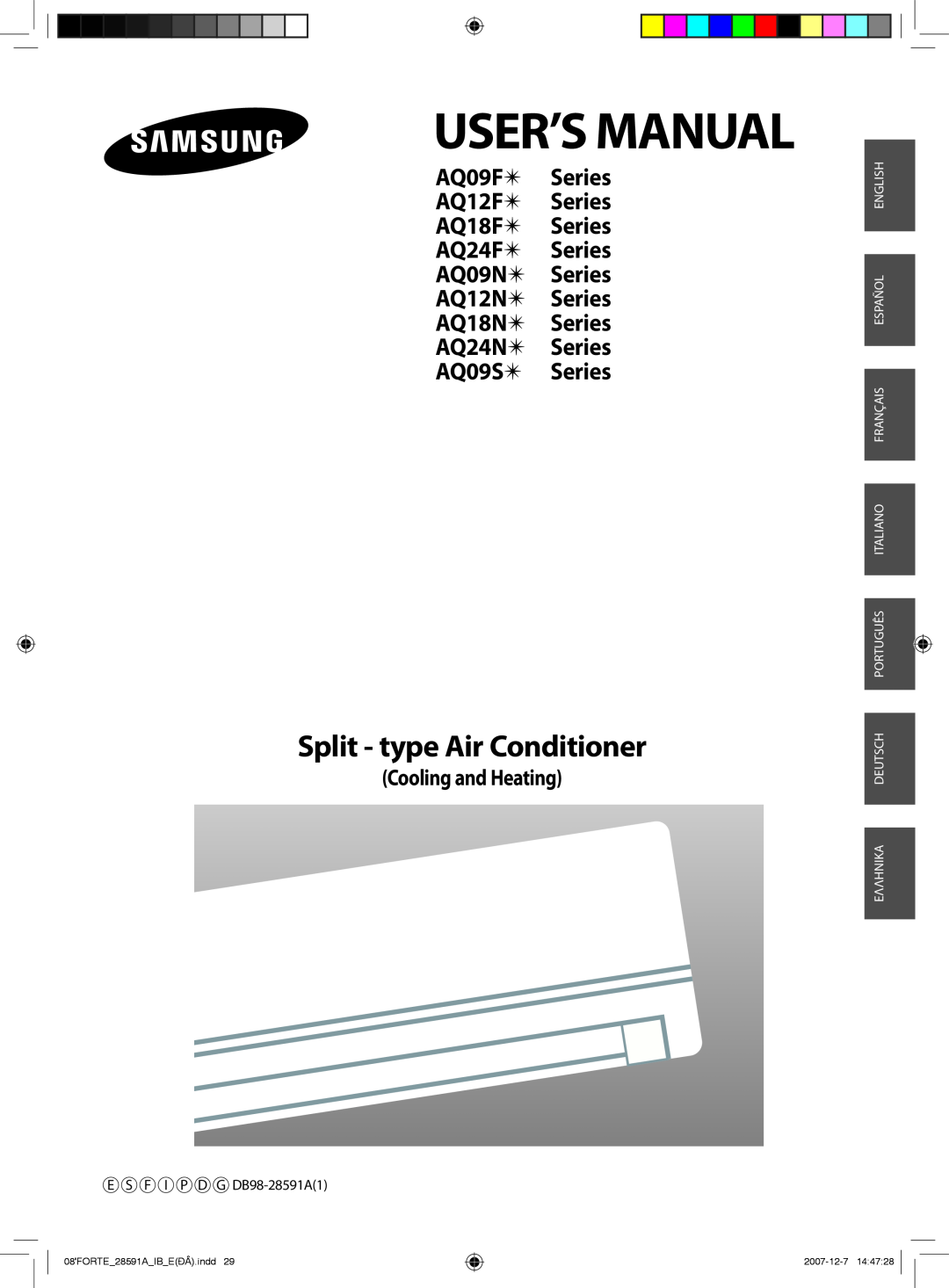Samsung AQ24FCN manual User’S Manual, Split - type Air Conditioner, Cooling and Heating, E S F I P D G DB98-28591A1 