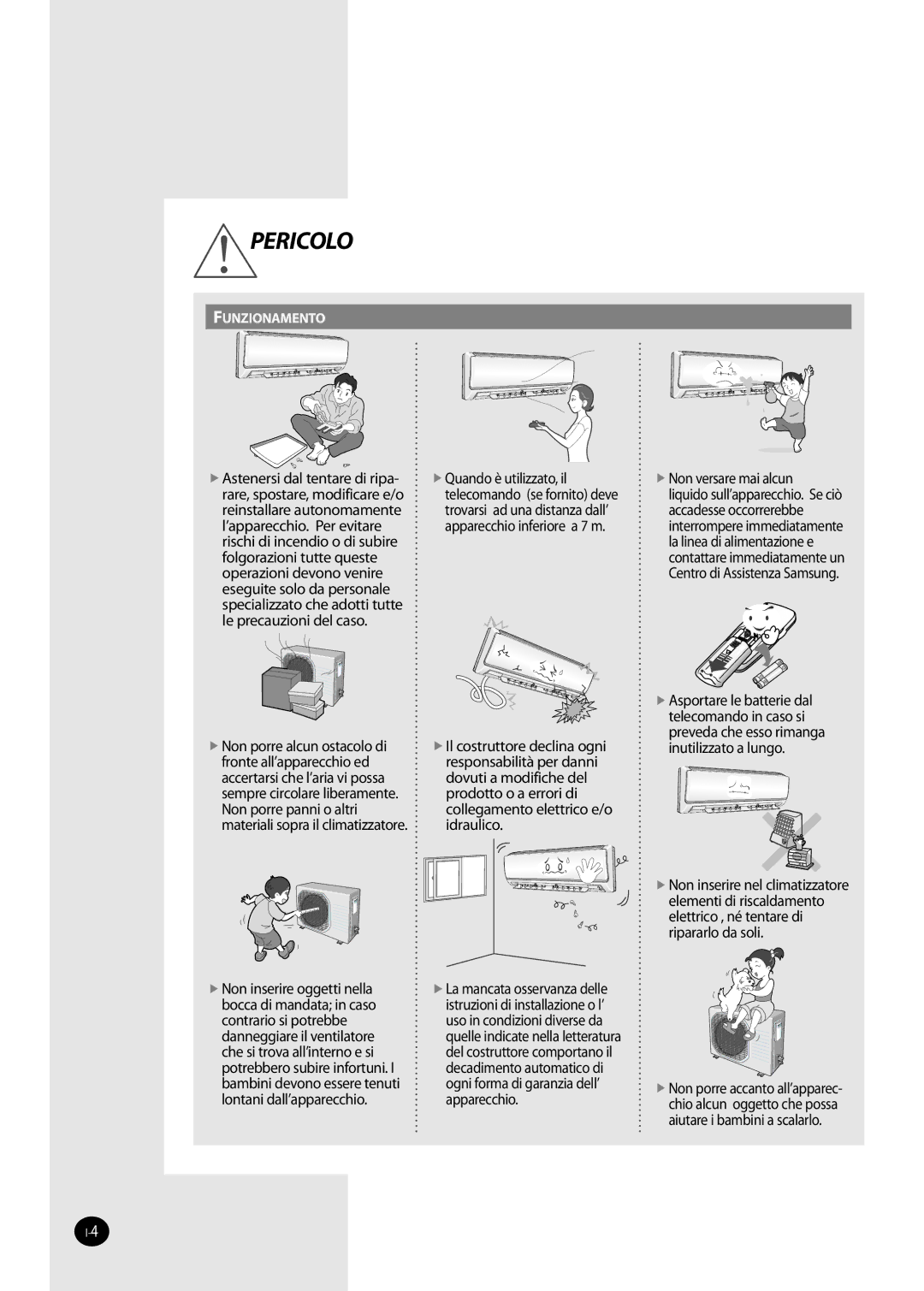 Samsung AQ12NSAX, AQ09NSDX, AQ09NSDN, AQ12NSDX, AQ12NSDN, AQ12NSAN, AQ12NSBN, AQ12FKN, AQ09NSBN Pericolo,  Non versare mai alcun 