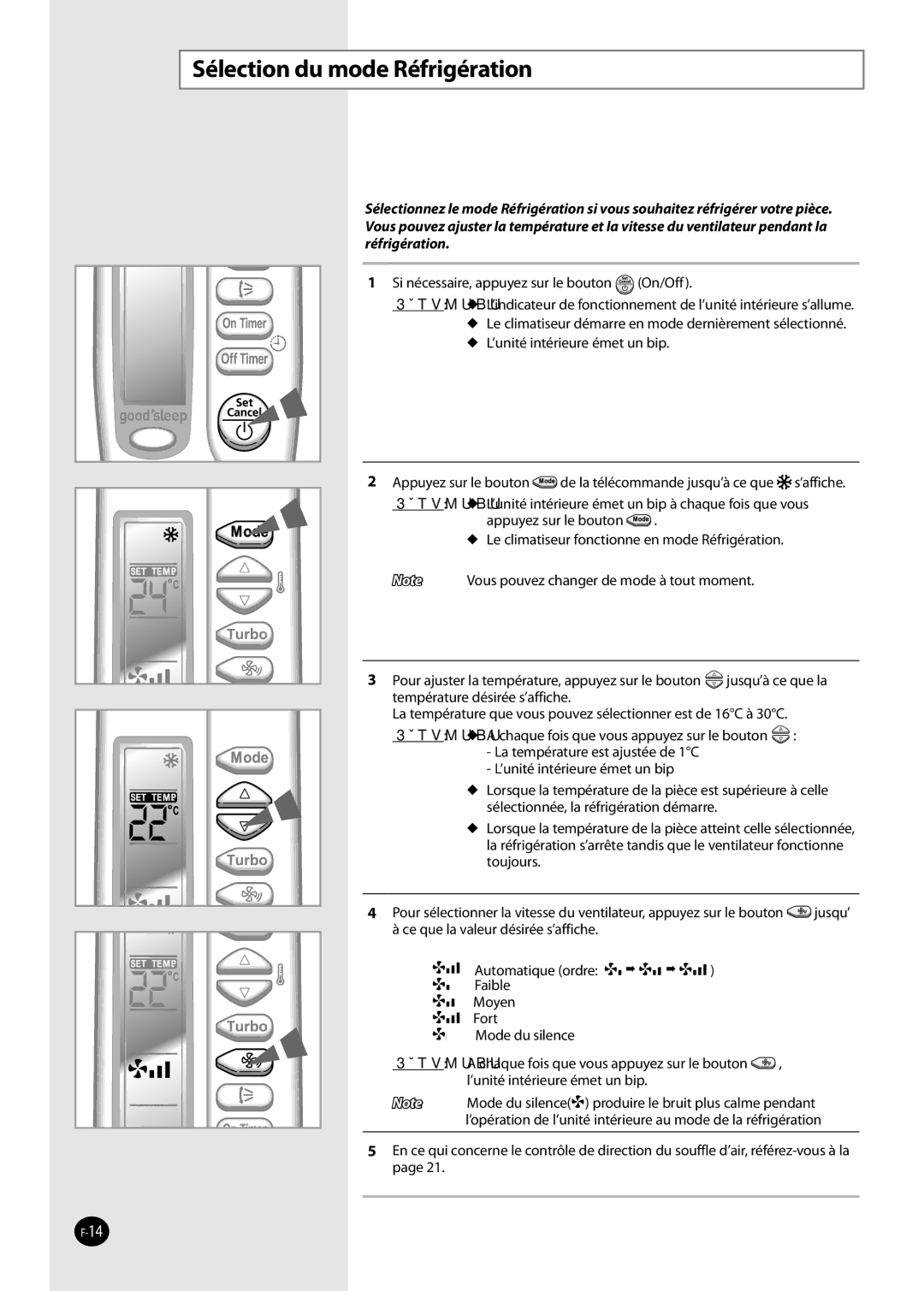 Samsung AQ09NSDX, AQV12FKX, AQV12FKN, AQ09NSDN, AQV24VBEN, AQV18NSCN, AQV24VBEX manual Sélection du mode Réfrigération, Résultat 