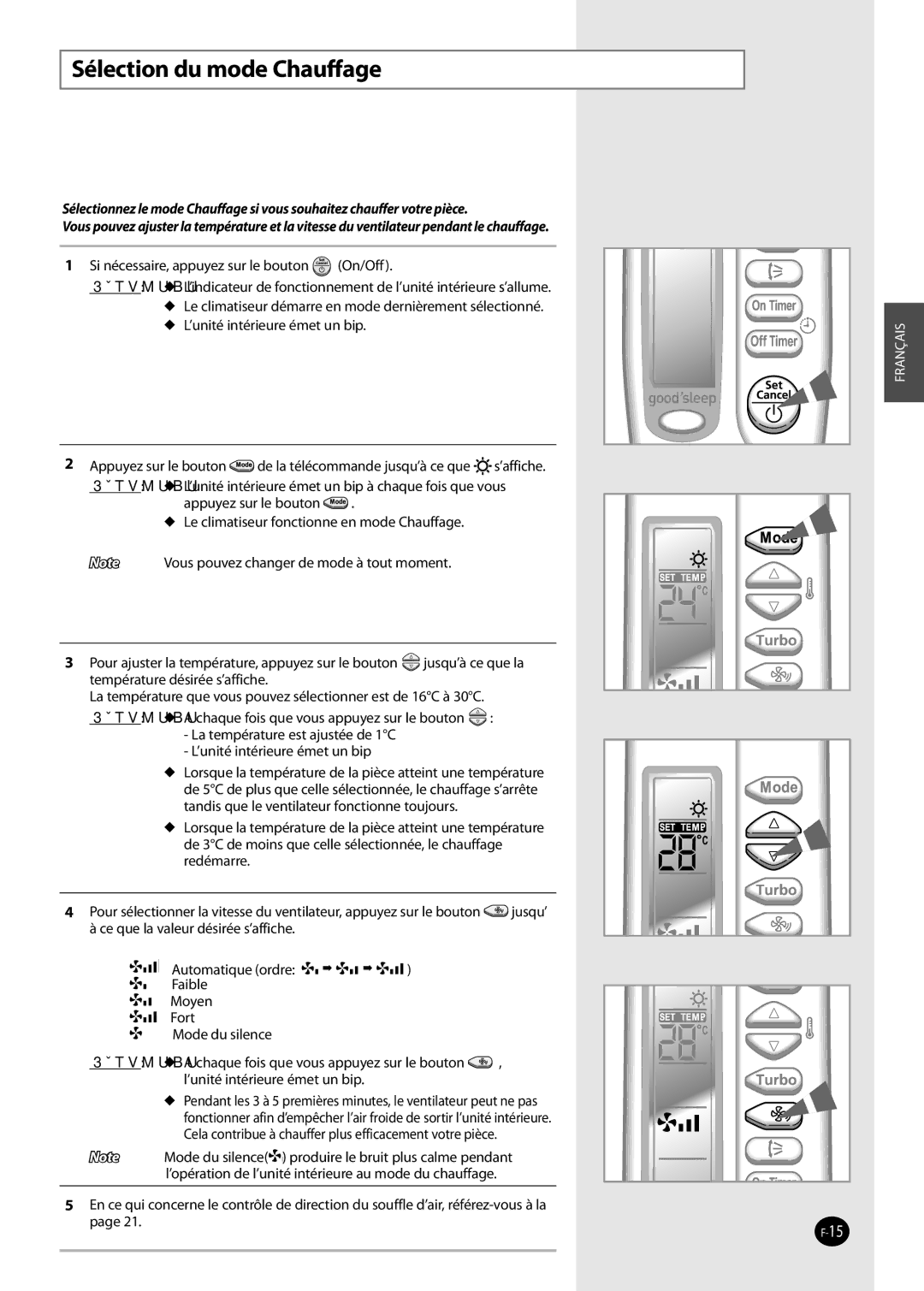 Samsung AQV12FKX, AQ09NSDX, AQV12FKN, AQ09NSDN, AQV24VBEN, AQV18NSCN, AQV24VBEX, AQV24NSBN, AQV18NSCX Sélection du mode Chauffage 