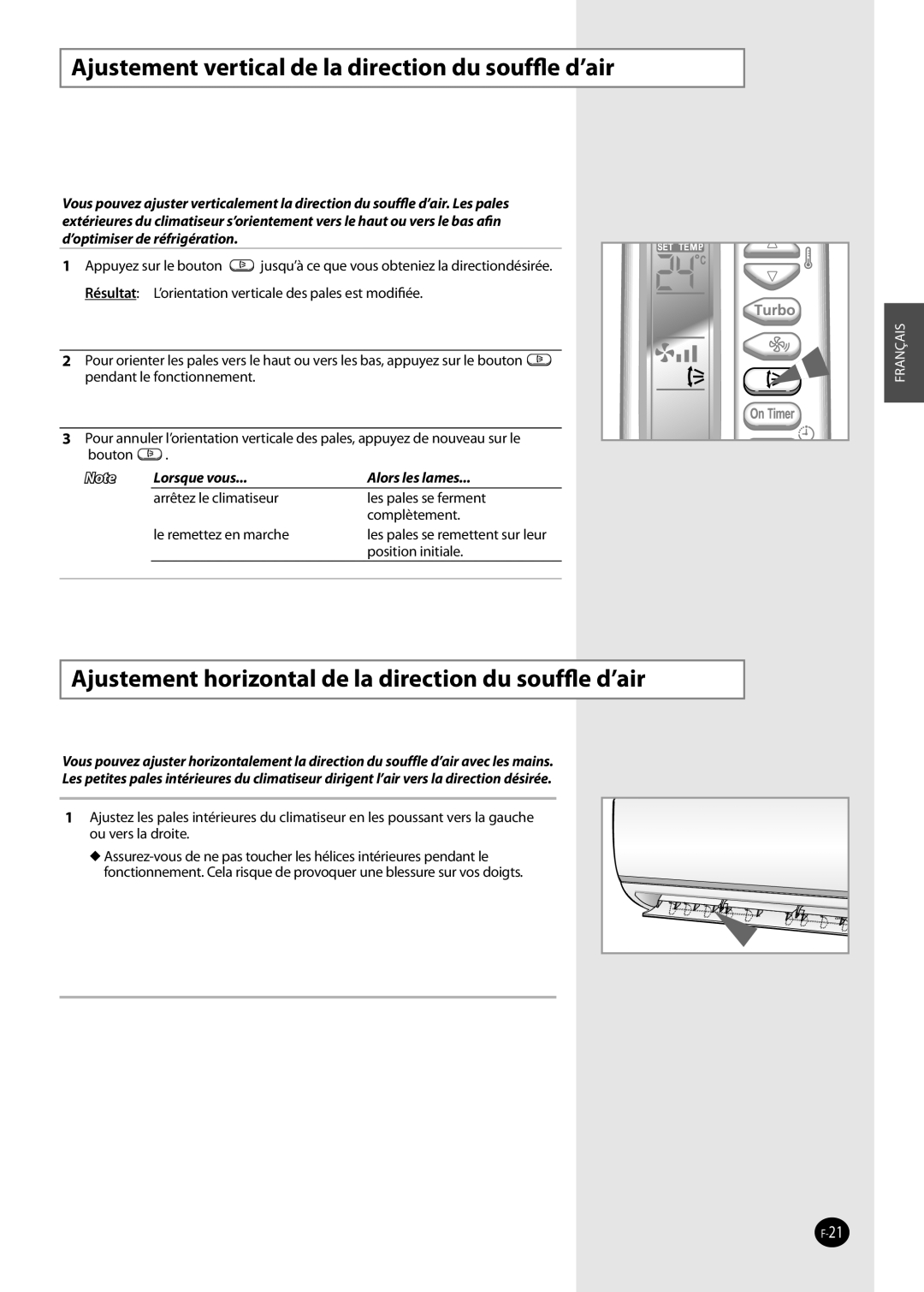 Samsung AQV24NSBN, AQ09NSDX, AQV12FKX, AQV12FKN manual Ajustement vertical de la direction du soufﬂe d’air, Position initiale 