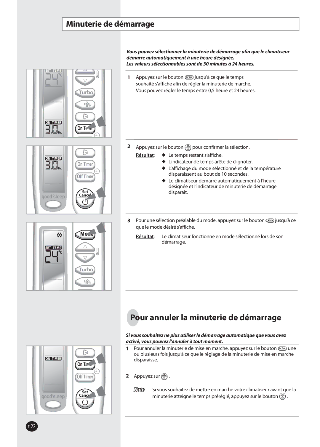 Samsung AQV18NSCX, AQ09NSDX, AQV12FKX, AQV12FKN Minuterie de démarrage, Pour annuler la minuterie de démarrage, Résultat  