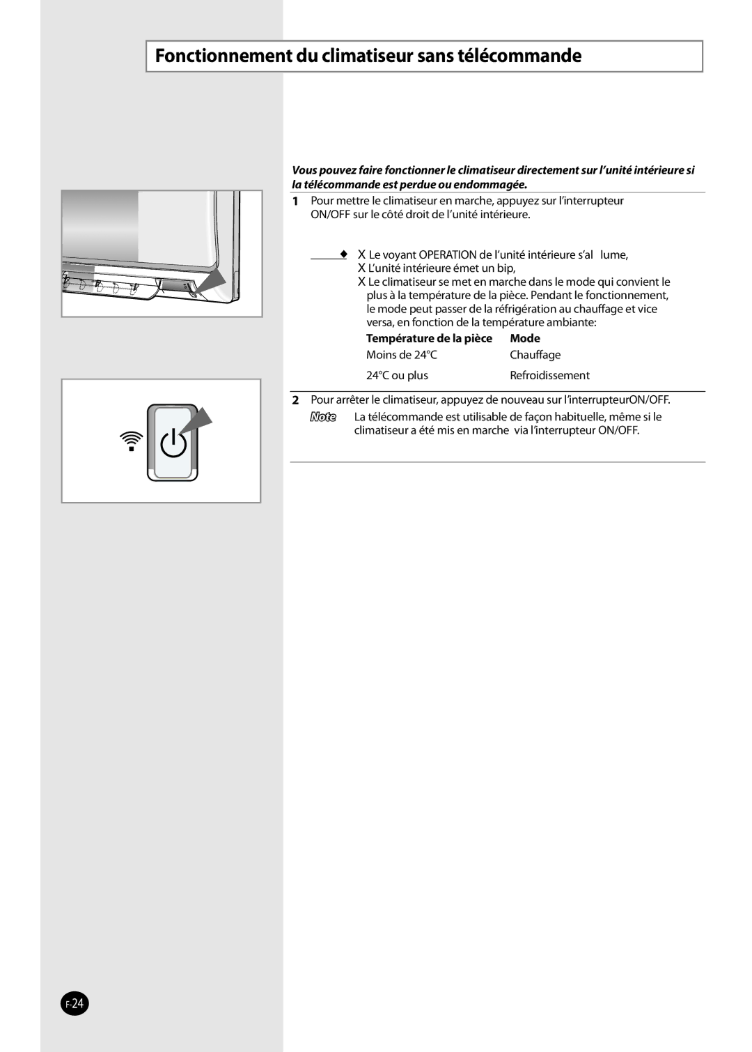 Samsung AQV09FKN, AQ09NSDX manual Fonctionnement du climatiseur sans télécommande, Mode, Moins de 24C Chauffage 24C ou plus 