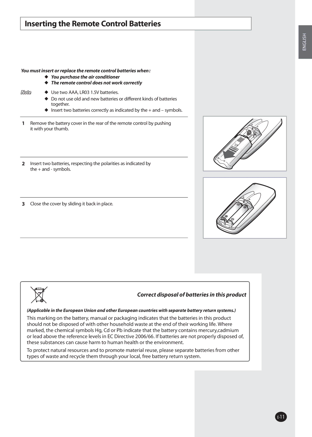 Samsung AQV09EWAX, AQ09NSDX, AQV12FKX Inserting the Remote Control Batteries, Correct disposal of batteries in this product 