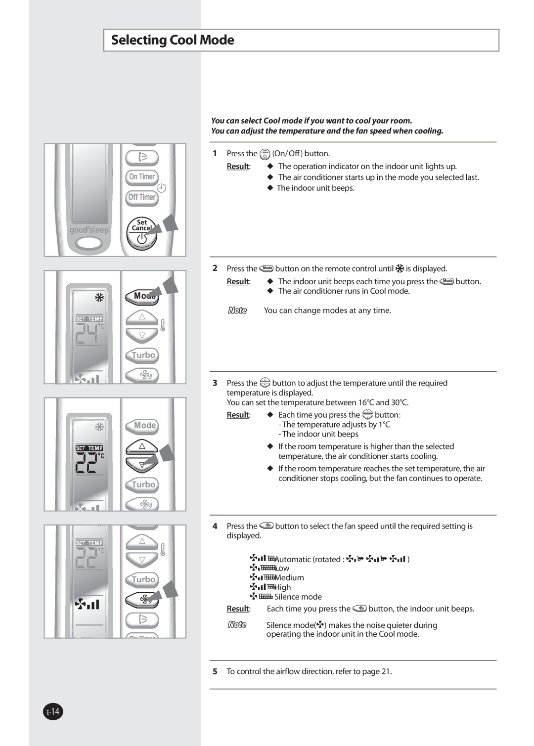 Samsung AQV10FKN, AQ09NSDX, AQV12FKX, AQV12FKN, AQ09NSDN, AQV24VBEN, AQV18NSCN, AQV24VBEX Selecting Cool Mode, Indoor unit beeps 