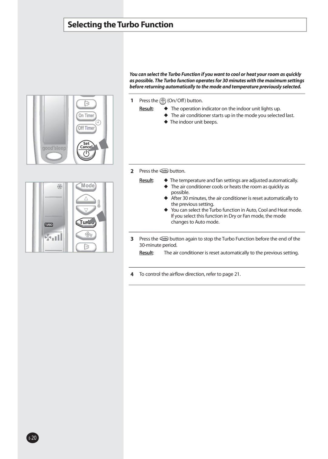 Samsung AQ09ESANMID, AQ09NSDX, AQV12FKX, AQV12FKN, AQ09NSDN, AQV24VBEN, AQV18NSCN, AQV24VBEX manual Selecting the Turbo Function 