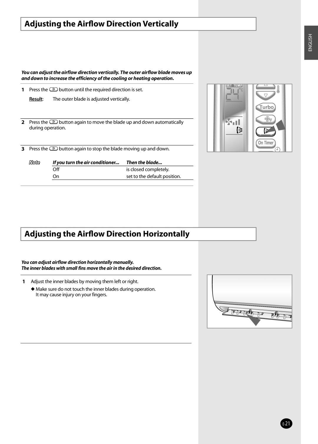 Samsung AQ09ESAXMID, AQ09NSDX manual Adjusting the Airﬂow Direction Vertically, Adjusting the Airﬂow Direction Horizontally 