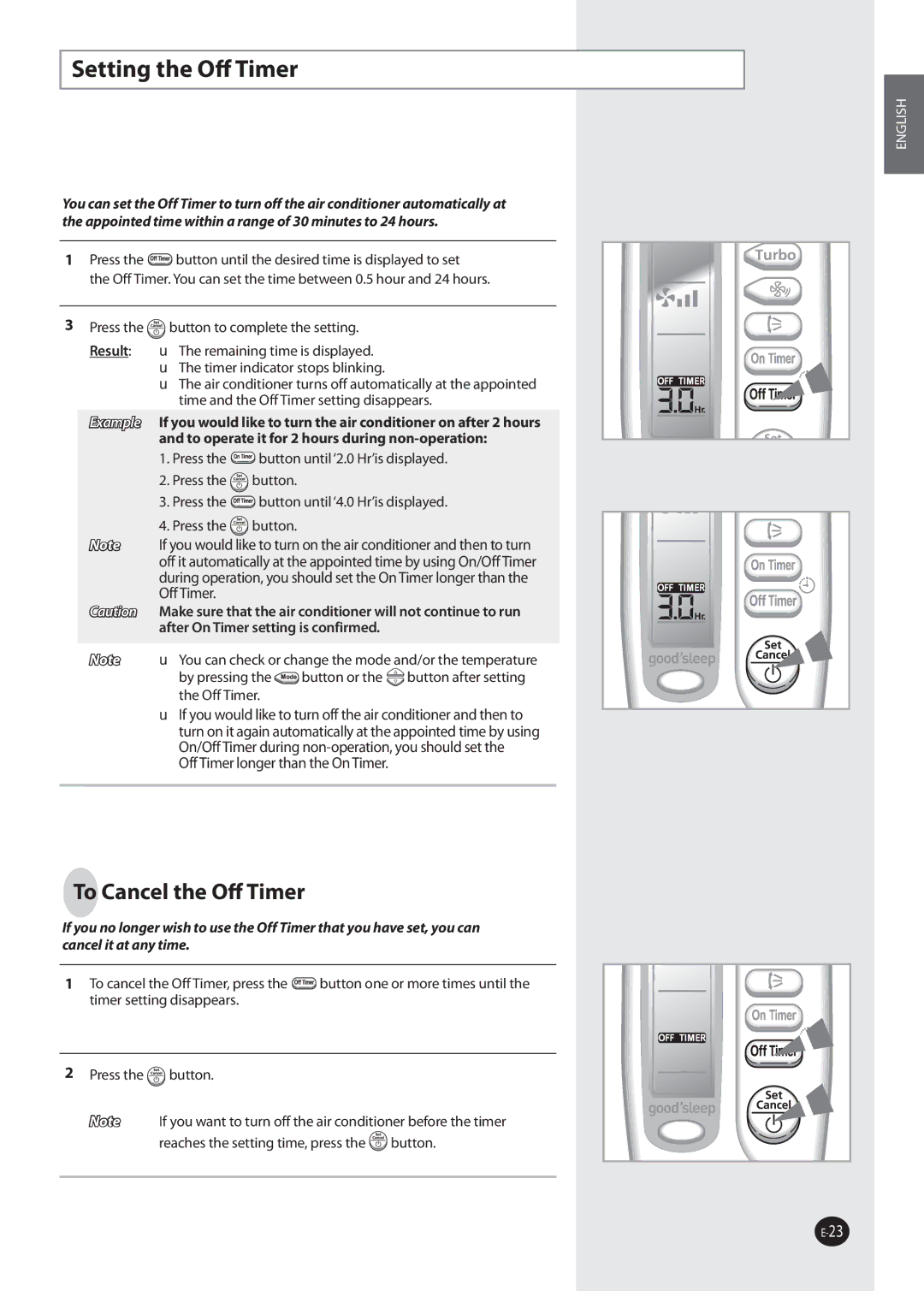 Samsung AS18UUANXSG, AQ09NSDX, AQV12FKX, AQV12FKN, AQ09NSDN, AQV09FKN Setting the Oﬀ Timer, Off Timer longer than the On Timer 