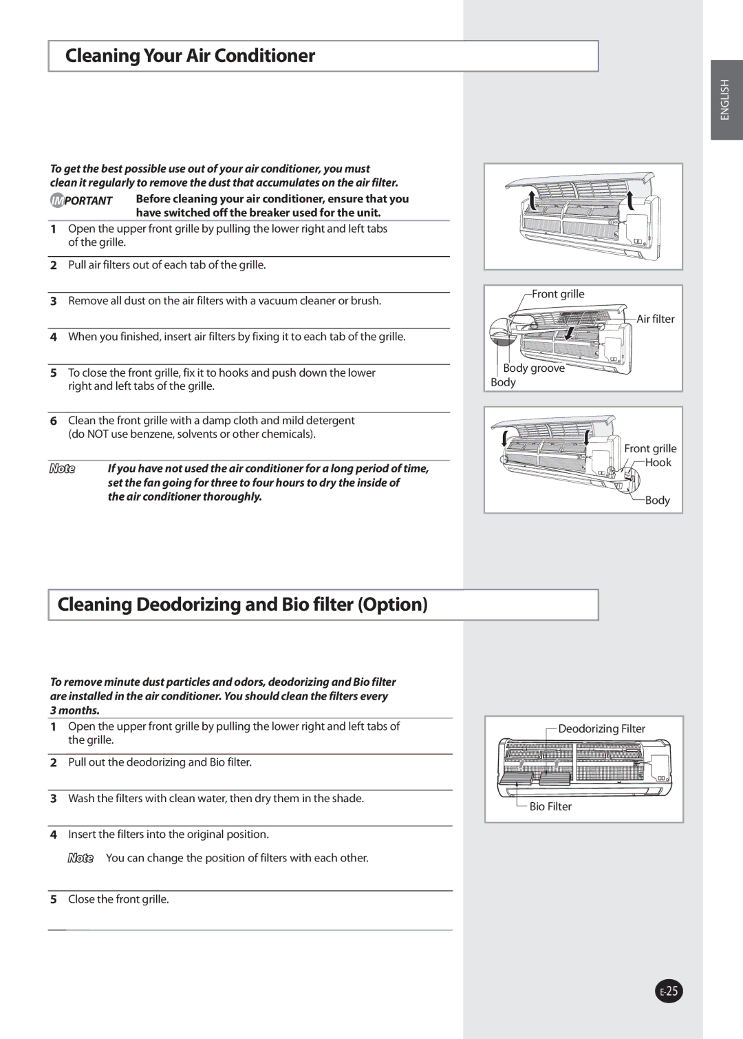 Samsung AS24UUAXXSG, AQ09NSDX, AQV12FKX, AQV12FKN Cleaning Your Air Conditioner, Cleaning Deodorizing and Bio filter Option 