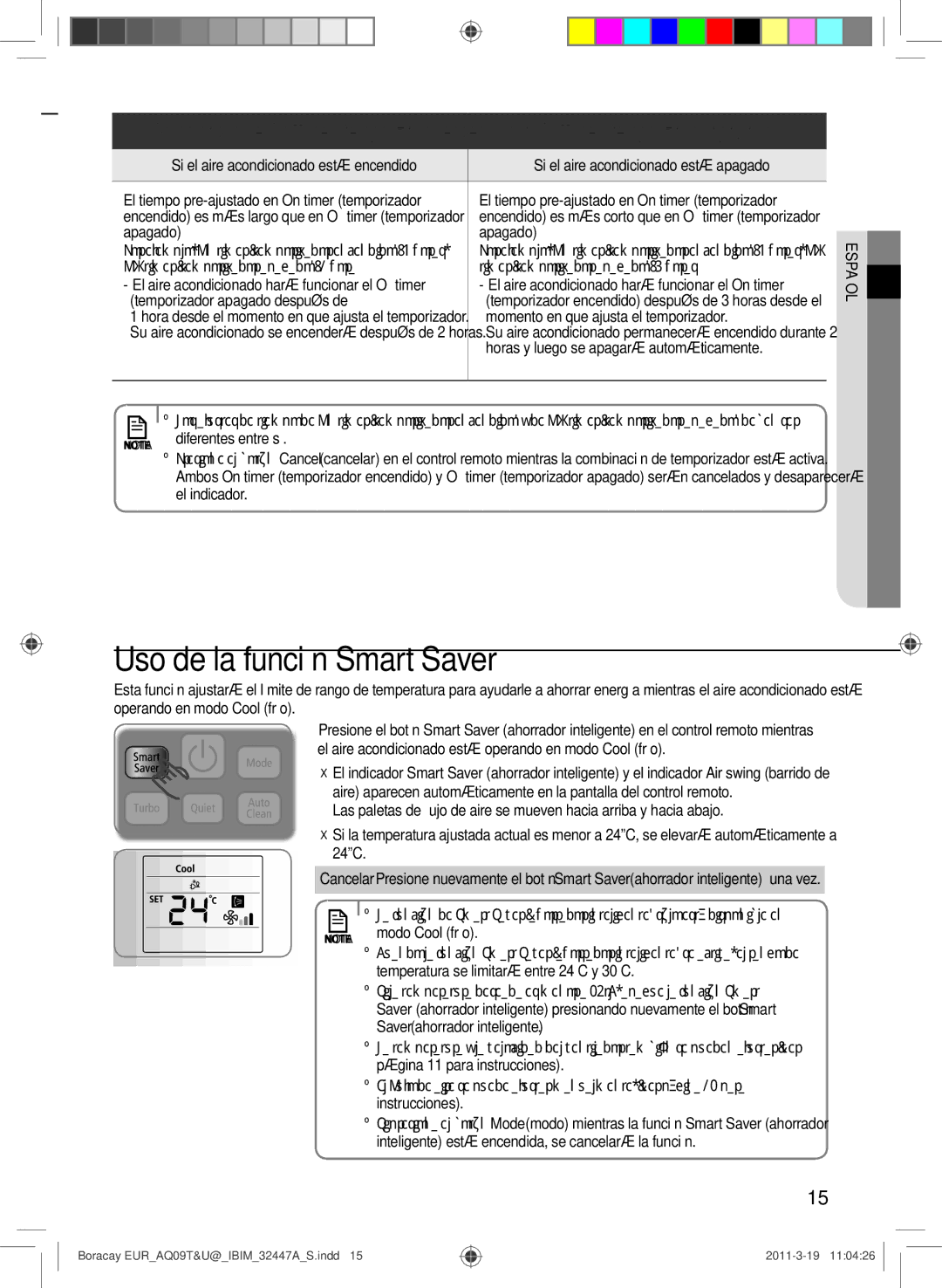 Samsung AQ09TSBN manual Uso de la función Smart Saver, El tiempo pre-ajustado en On timer temporizador 