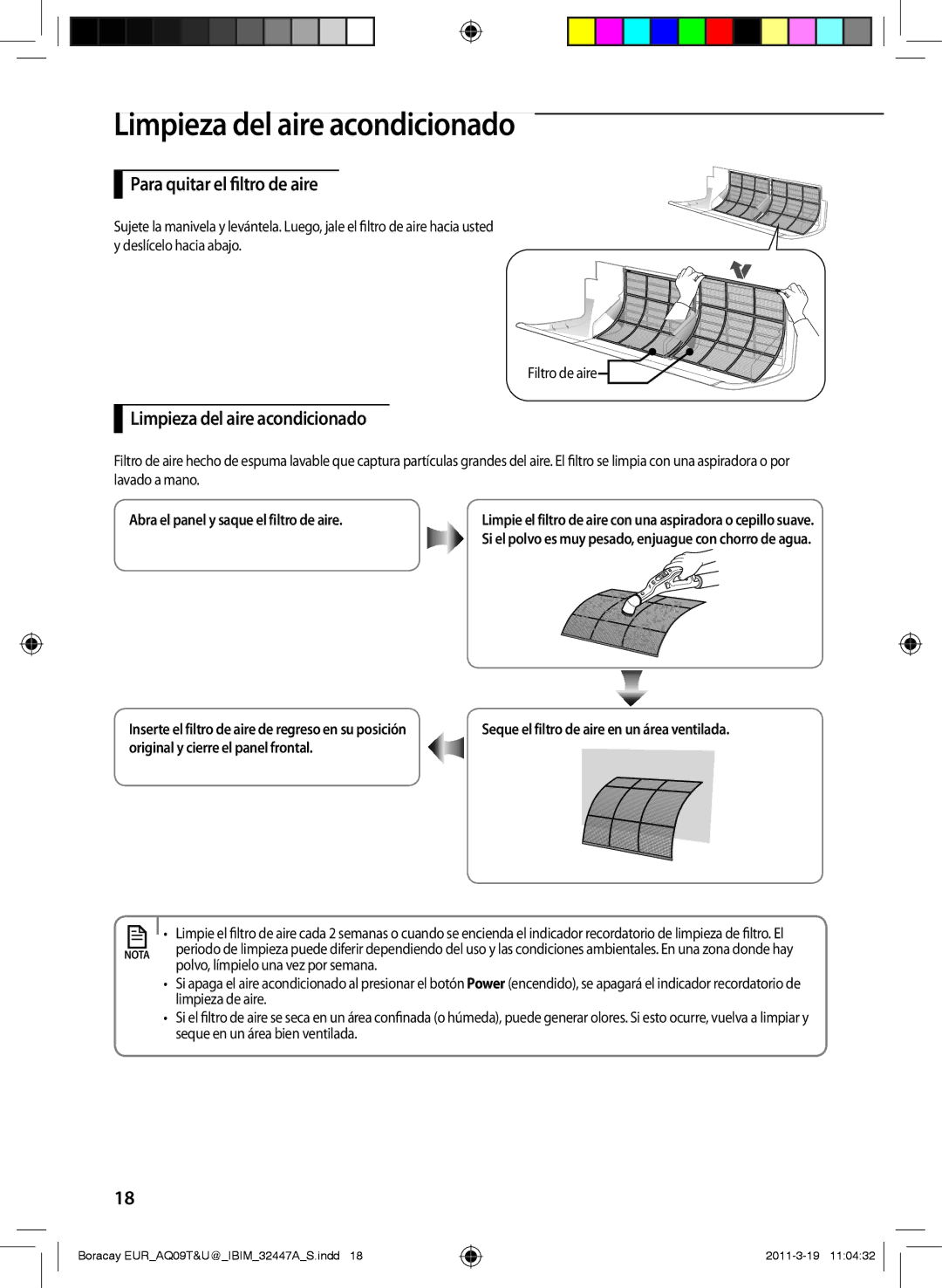 Samsung AQ09TSBN manual Limpieza del aire acondicionado, Para quitar el filtro de aire 