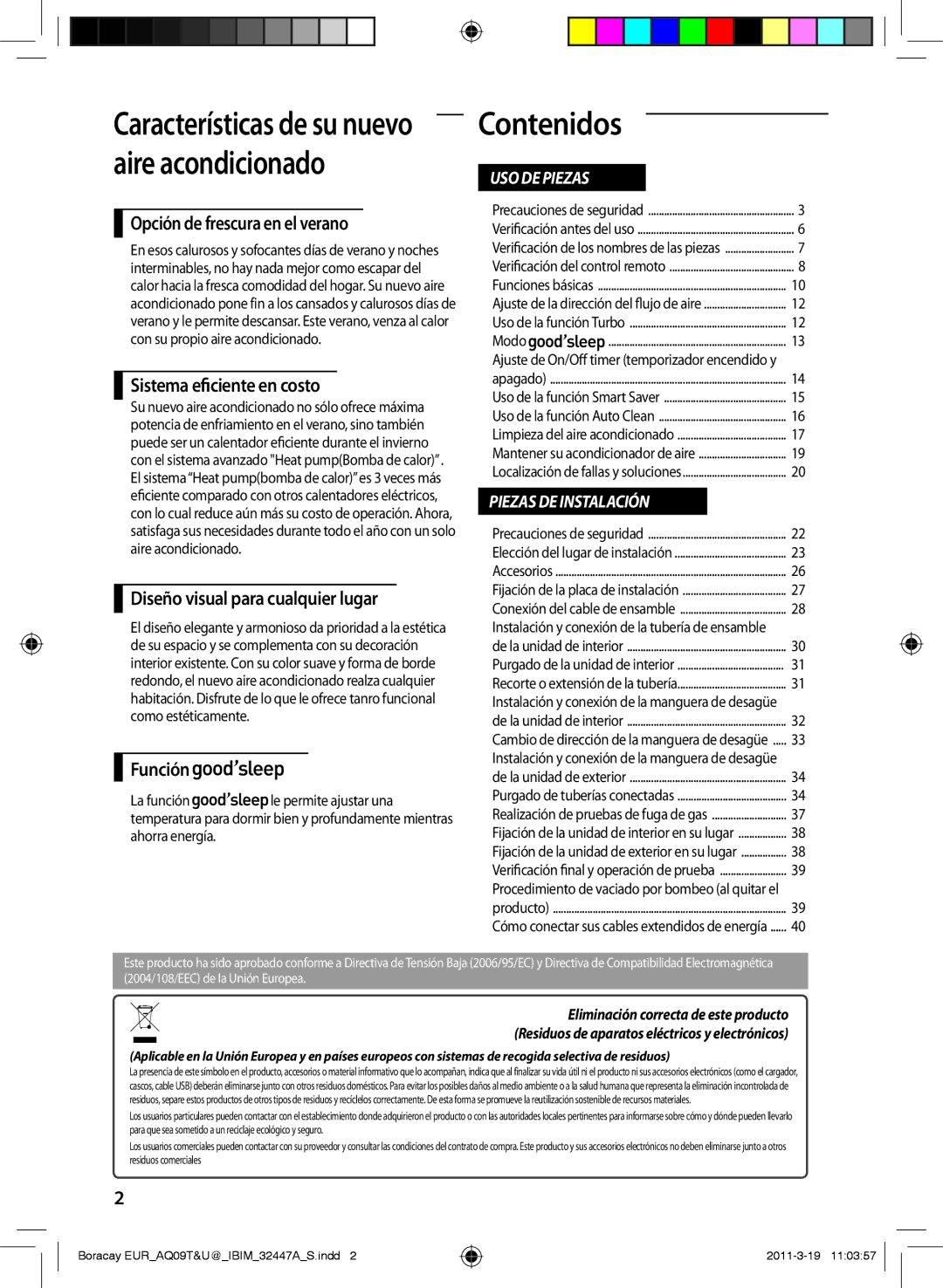 Samsung AQ09TSBN manual Contenidos, Opción de frescura en el verano, Sistema eficiente en costo, Función 