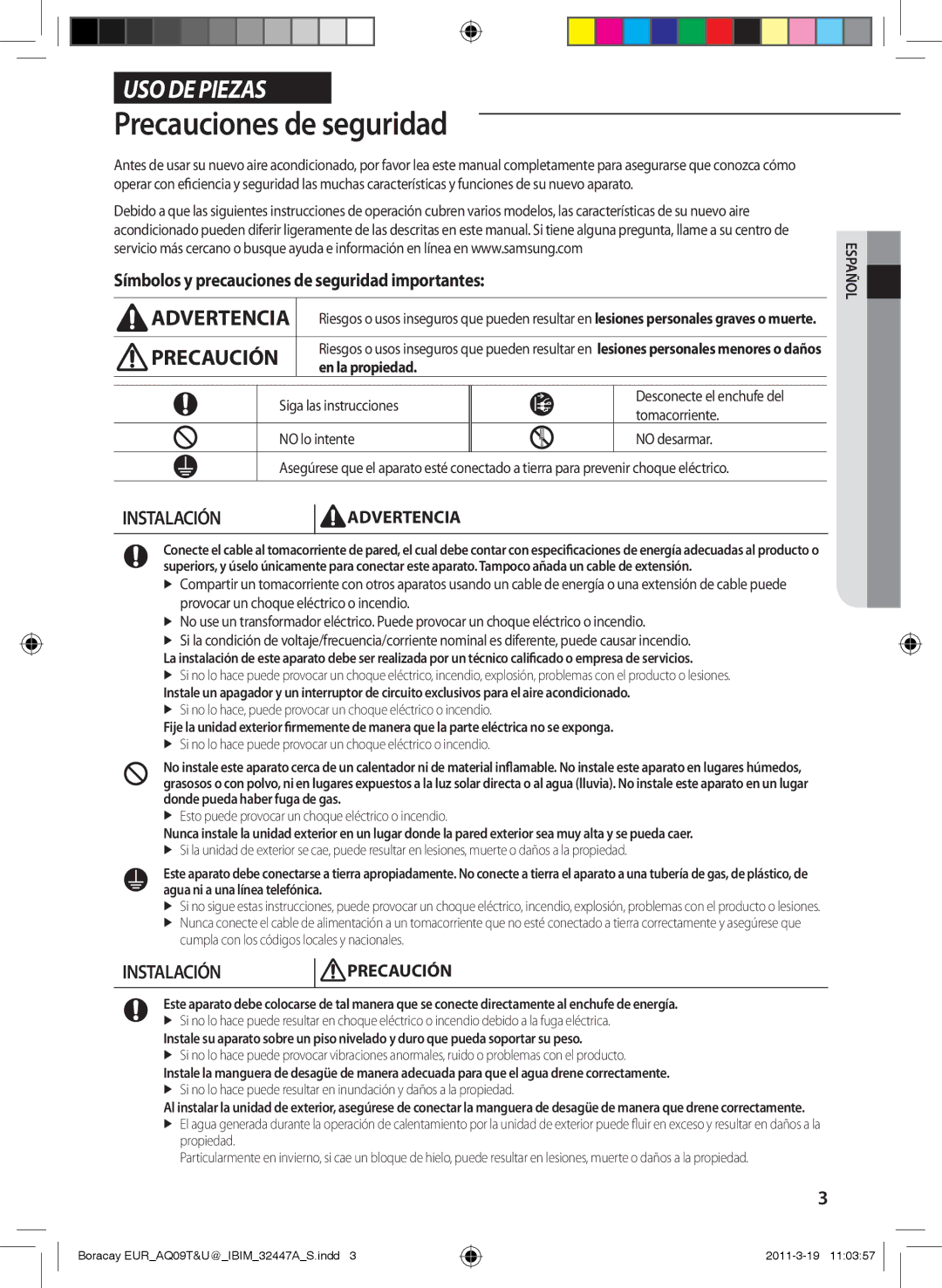 Samsung AQ09TSBN manual Precauciones de seguridad, Símbolos y precauciones de seguridad importantes, En la propiedad 