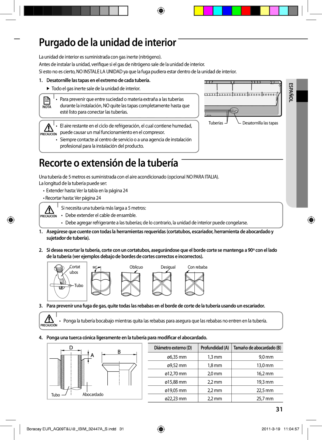 Samsung AQ09TSBN manual Purgado de la unidad de interior, Recorte o extensión de la tubería 