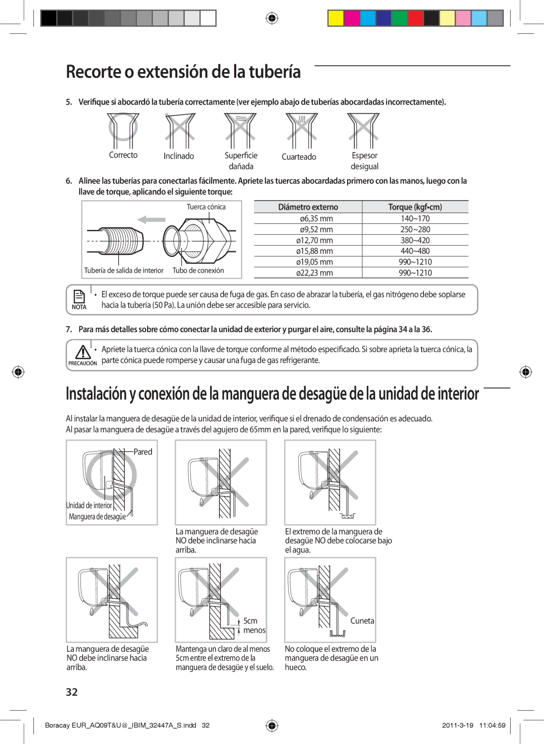 Samsung AQ09TSBN manual Correcto Inclinado, Cuarteado, Diámetro externo Torque kgfcm, 5cm 