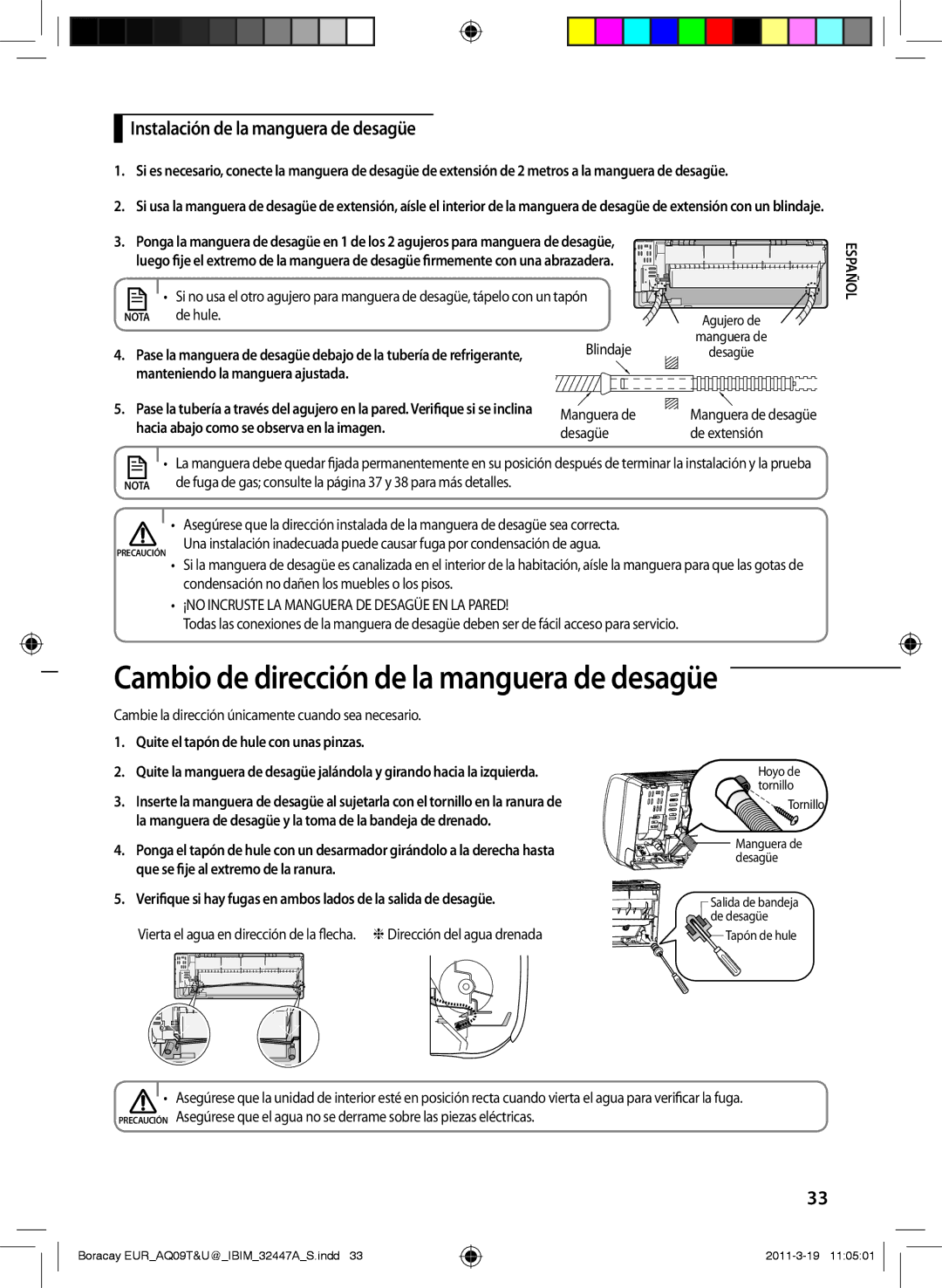 Samsung AQ09TSBN manual Instalación de la manguera de desagüe 