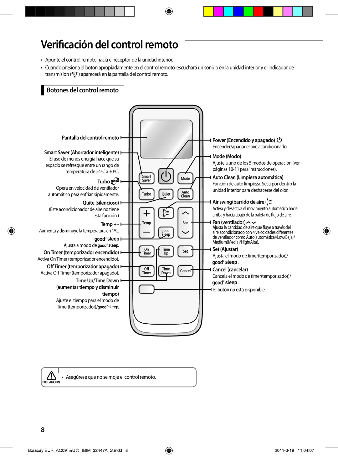 Samsung AQ09TSBN manual Verificación del control remoto, Botones del control remoto 