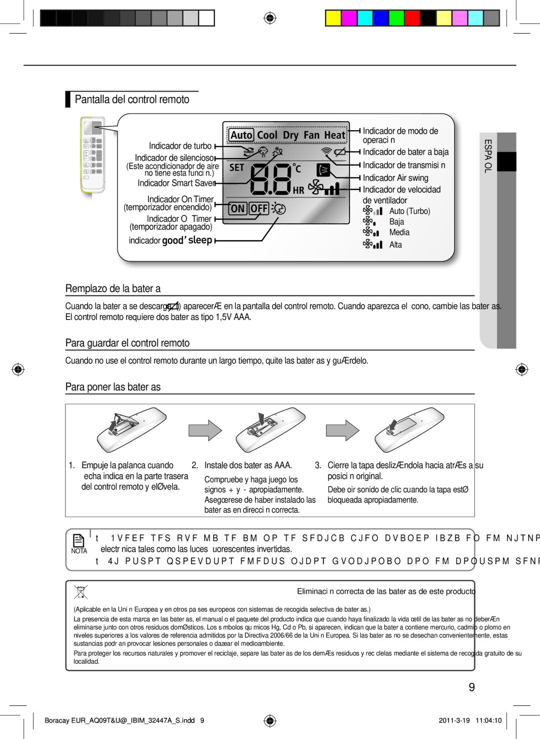 Samsung AQ09TSBN manual Pantalla del control remoto, Remplazo de la batería, Para guardar el control remoto 