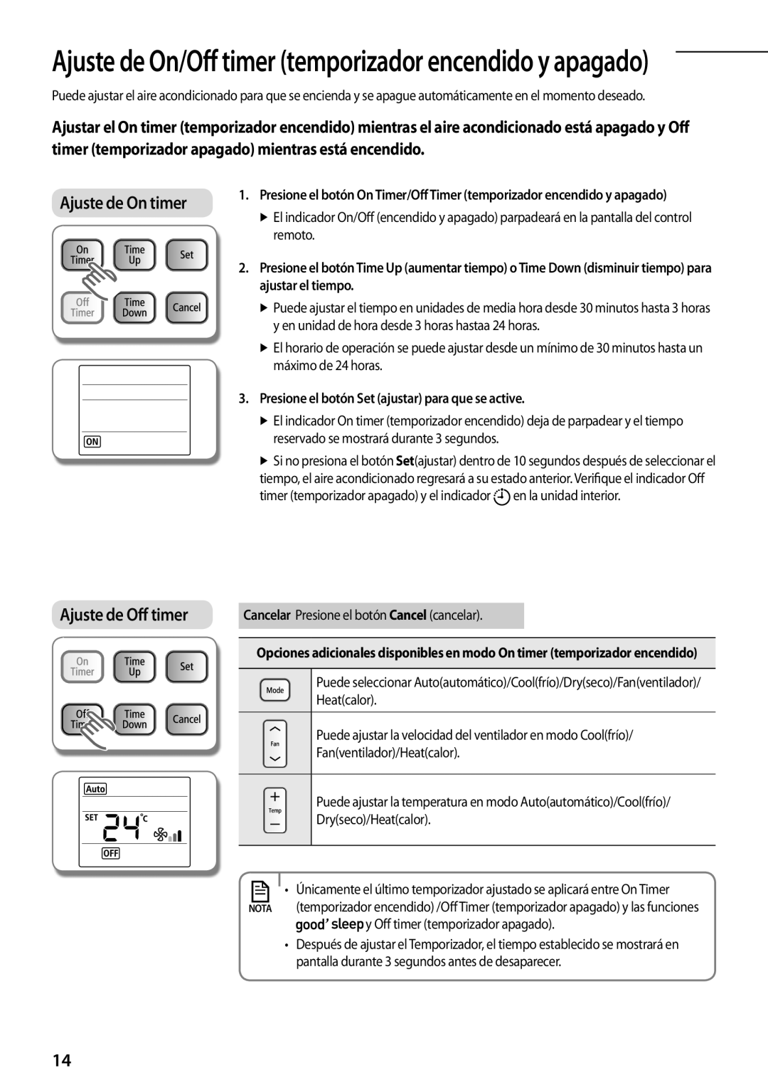 Samsung AQV12UGFNEUR Ajuste de On/Off timer temporizador encendido y apagado, Cancelar Presione el botón Cancel cancelar 