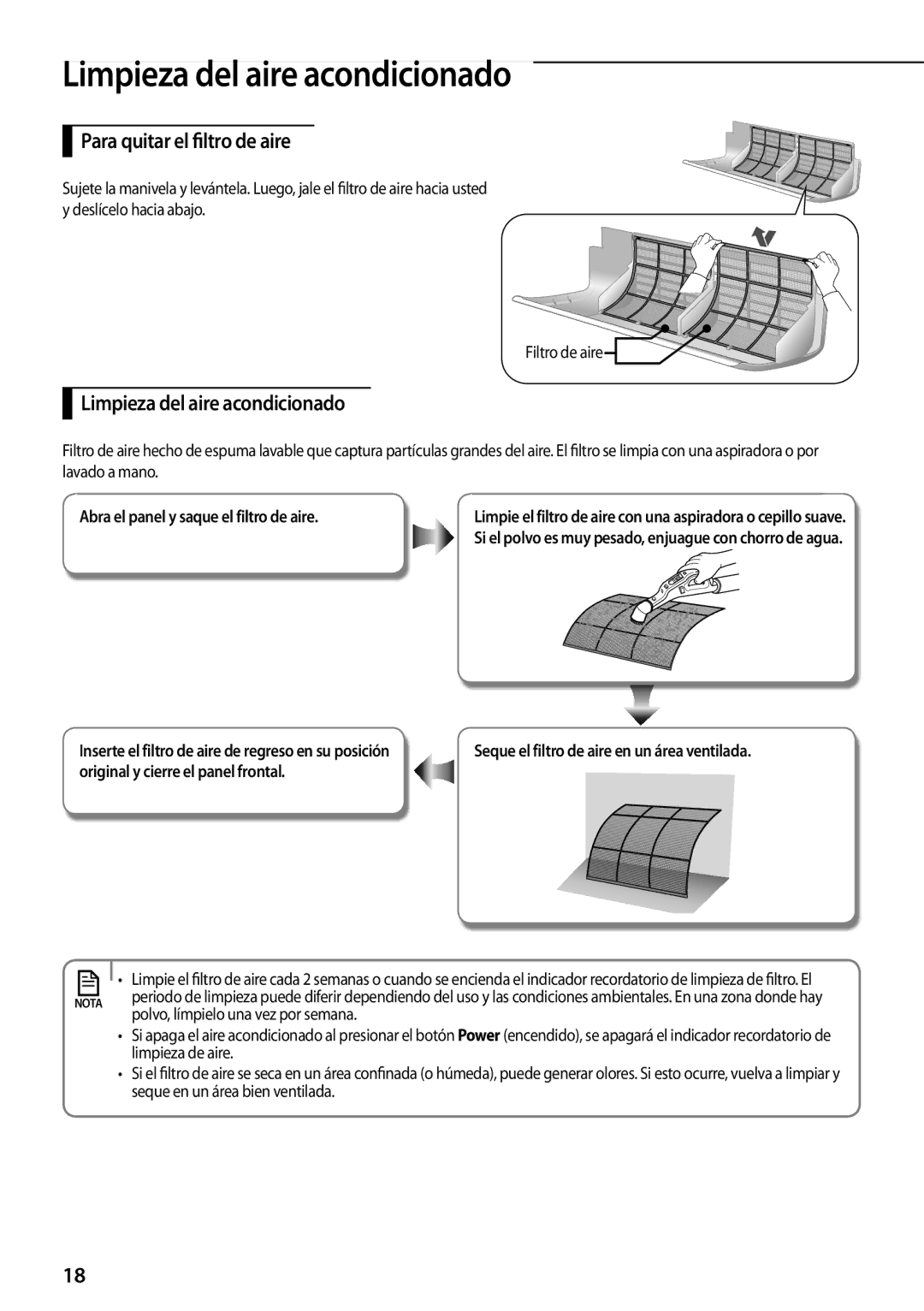 Samsung AQV12UGFNEUR, AQ09TSBNEUR, AQ09TSBXEUR, AQV12UGFXEUR Limpieza del aire acondicionado, Para quitar el filtro de aire 