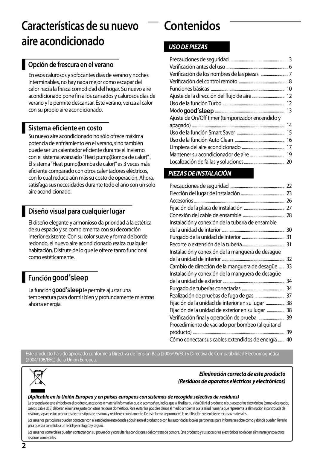 Samsung AQV12UGFNEUR, AQ09TSBNEUR manual Contenidos, Opción de frescura en el verano, Sistema eficiente en costo, Función 