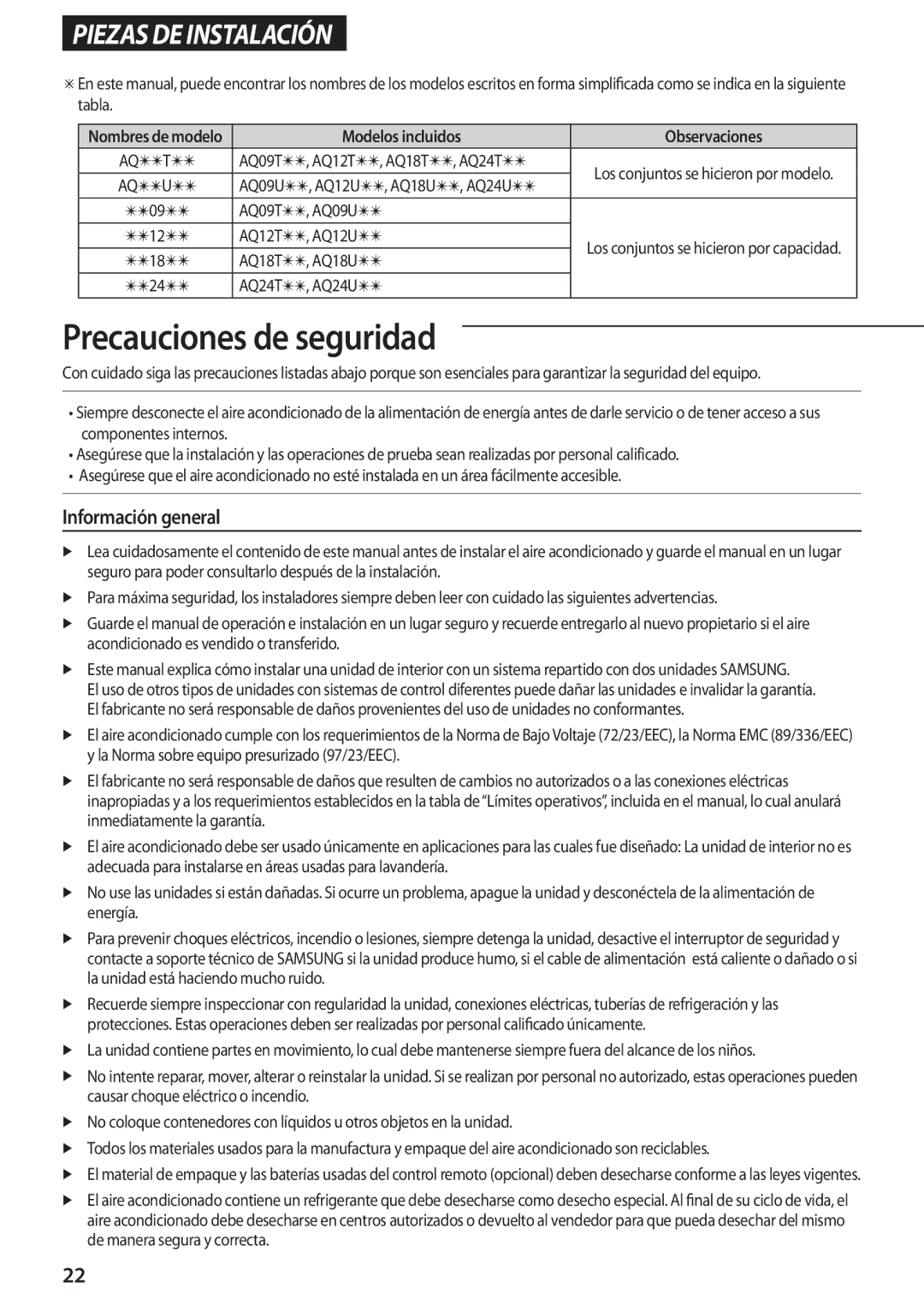 Samsung AQV12UGFNEUR, AQ09TSBNEUR, AQ09TSBXEUR, AQV12UGFXEUR manual Información general 