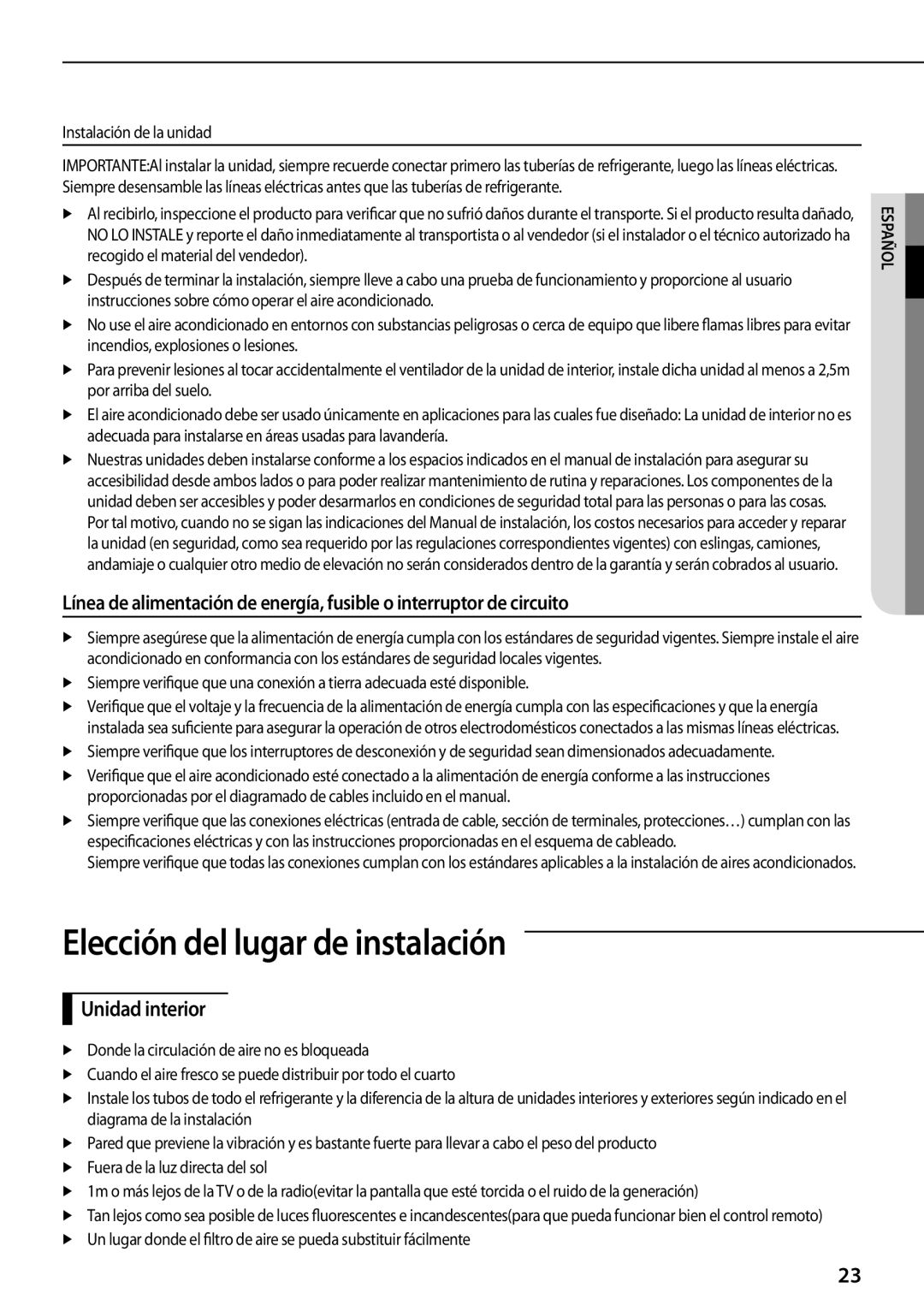 Samsung AQV12UGFXEUR, AQ09TSBNEUR, AQ09TSBXEUR Elección del lugar de instalación, Unidad interior, Instalación de la unidad 