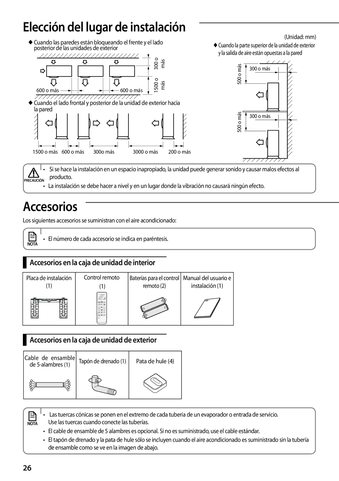 Samsung AQV12UGFNEUR manual Accesorios en la caja de unidad de interior, Accesorios en la caja de unidad de exterior 