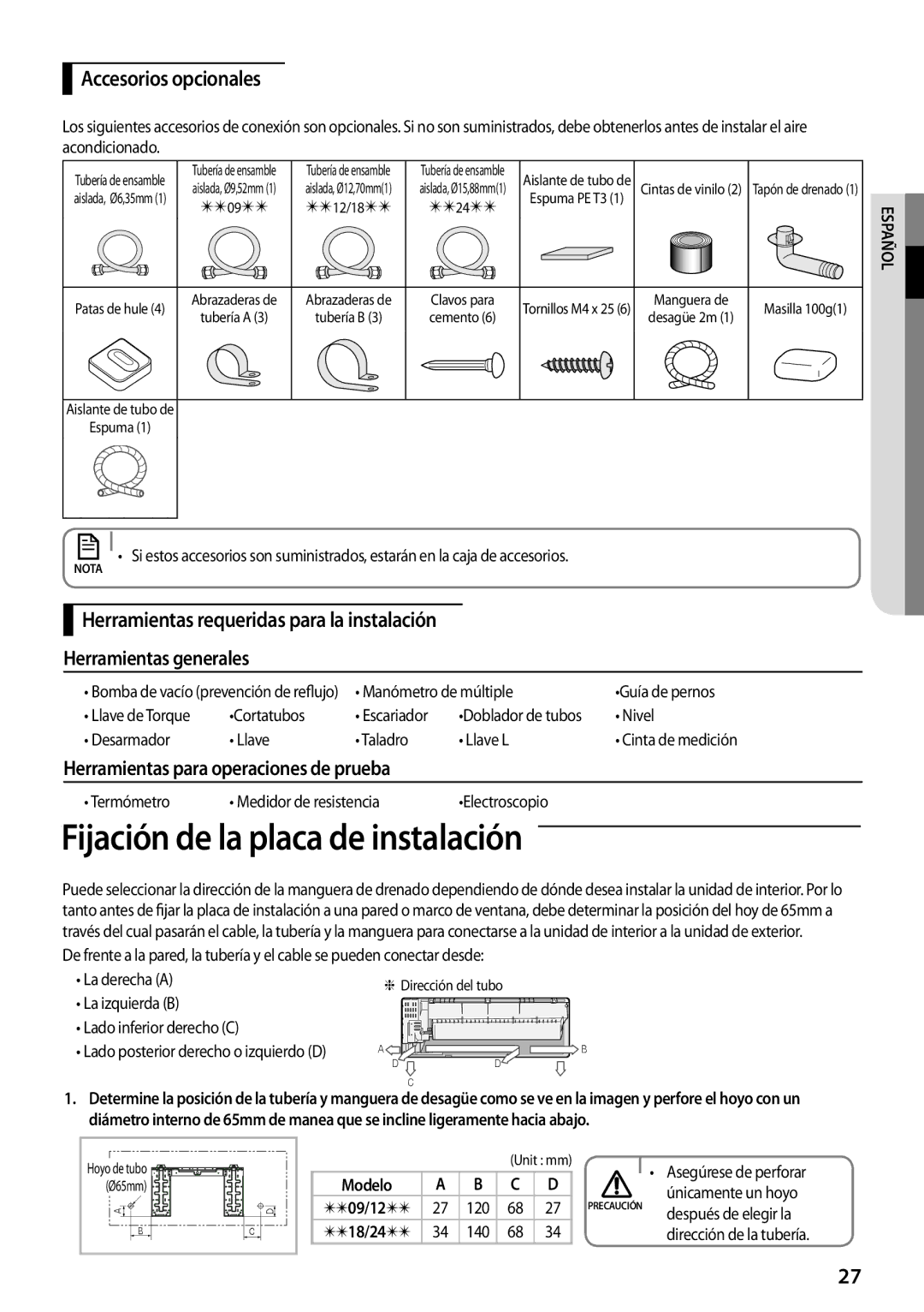 Samsung AQV12UGFXEUR Fijación de la placa de instalación, Accesorios opcionales, Herramientas para operaciones de prueba 