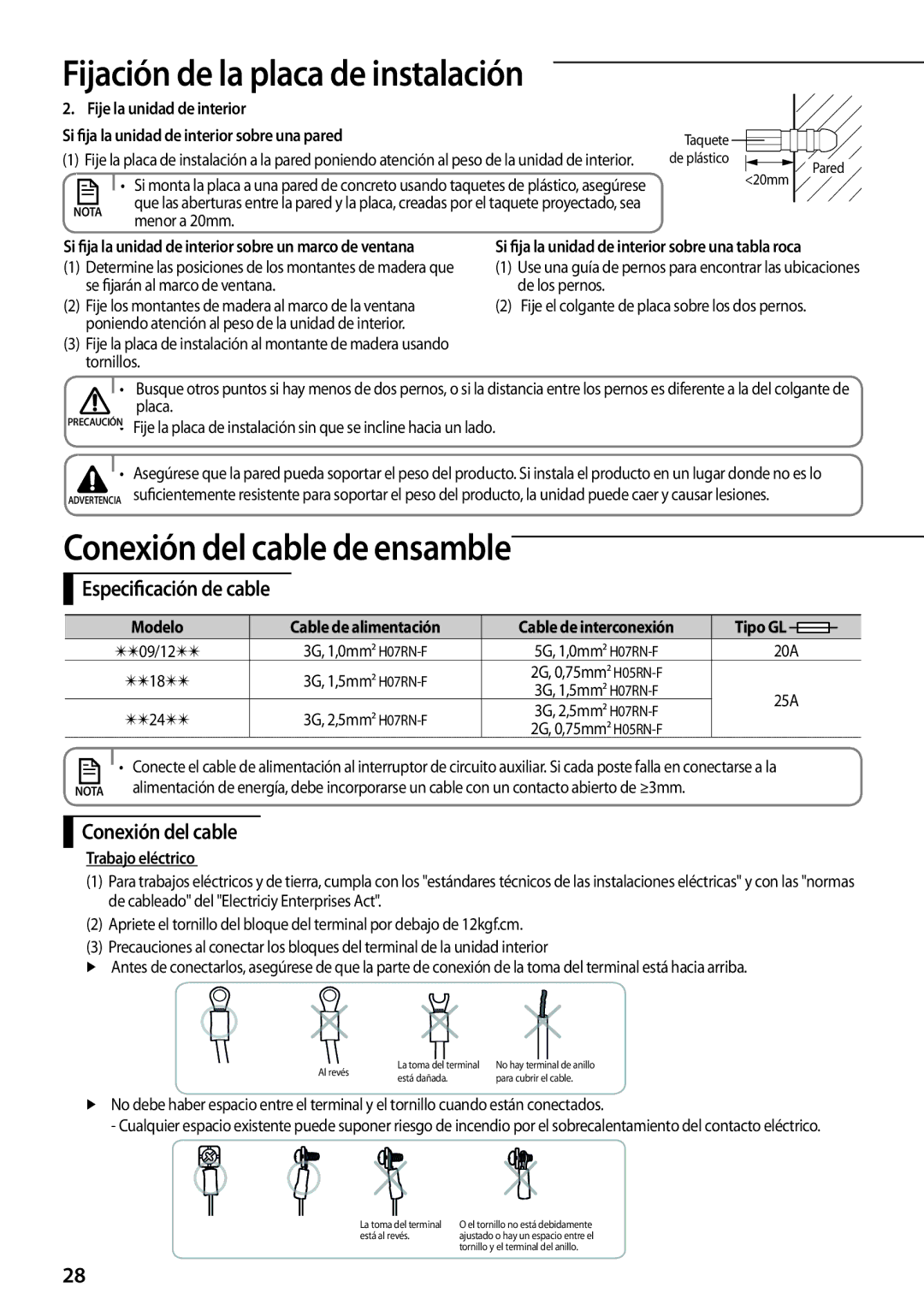 Samsung AQ09TSBNEUR, AQ09TSBXEUR manual Conexión del cable, Menor a 20mm, Si fija la unidad de interior sobre una tabla roca 