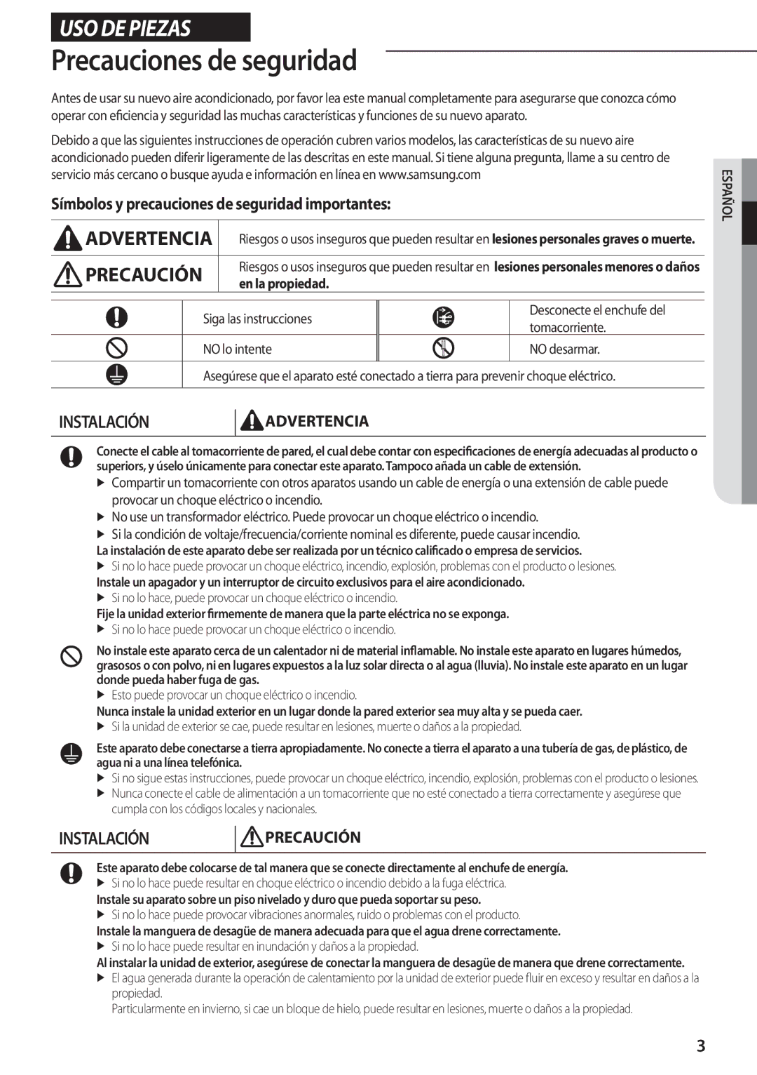 Samsung AQV12UGFXEUR manual Precauciones de seguridad, Símbolos y precauciones de seguridad importantes, En la propiedad 