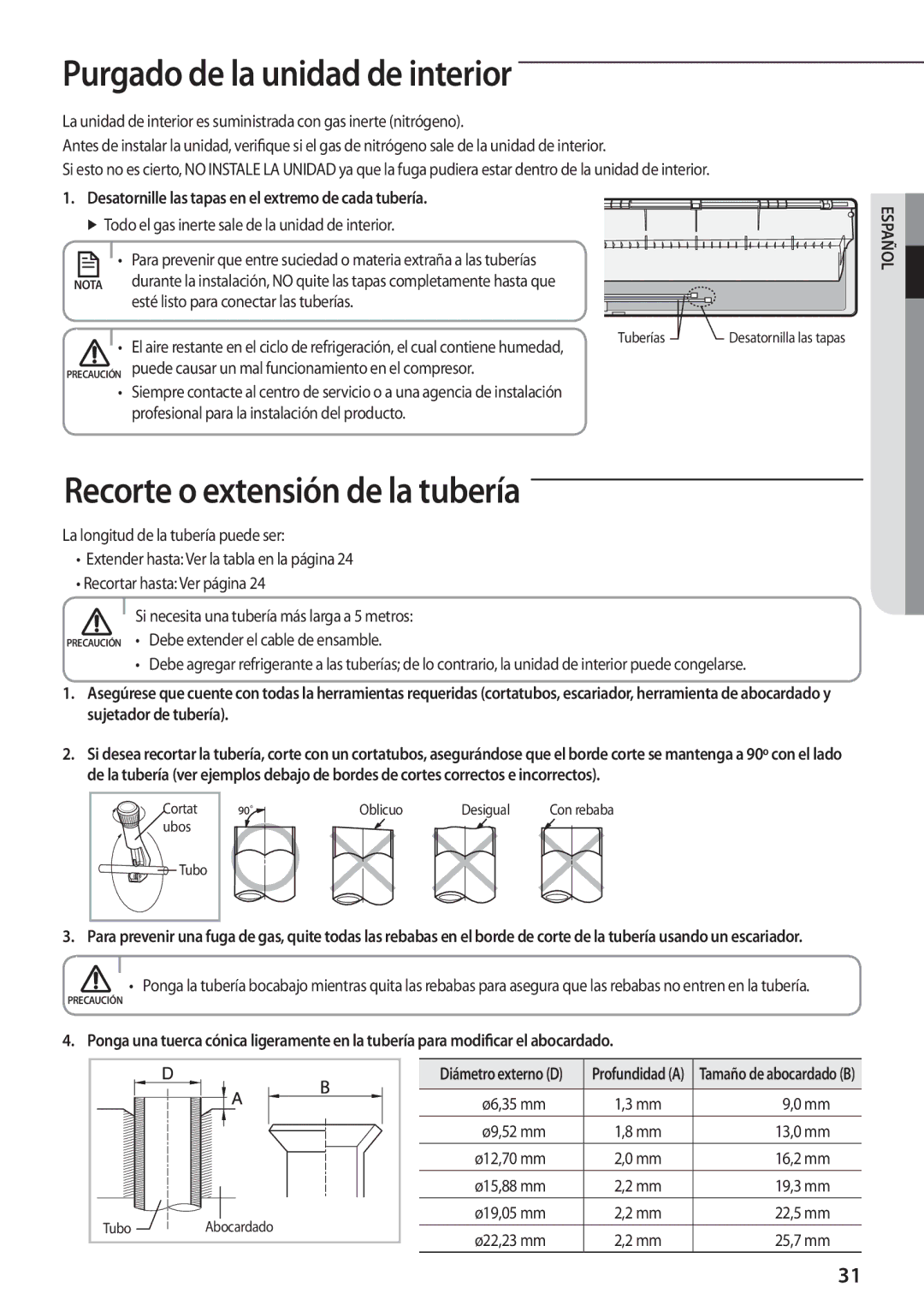 Samsung AQV12UGFXEUR, AQ09TSBNEUR, AQ09TSBXEUR manual Purgado de la unidad de interior, Recorte o extensión de la tubería 