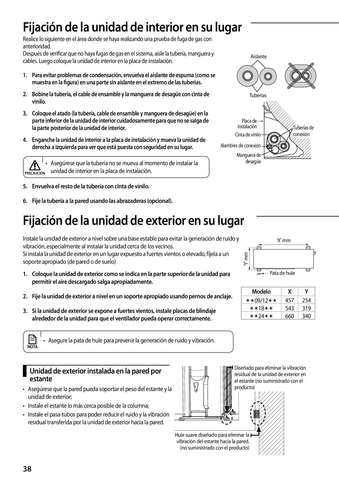 Samsung AQV12UGFNEUR Fijación de la unidad de interior en su lugar, Unidad de exterior instalada en la pared por estante 