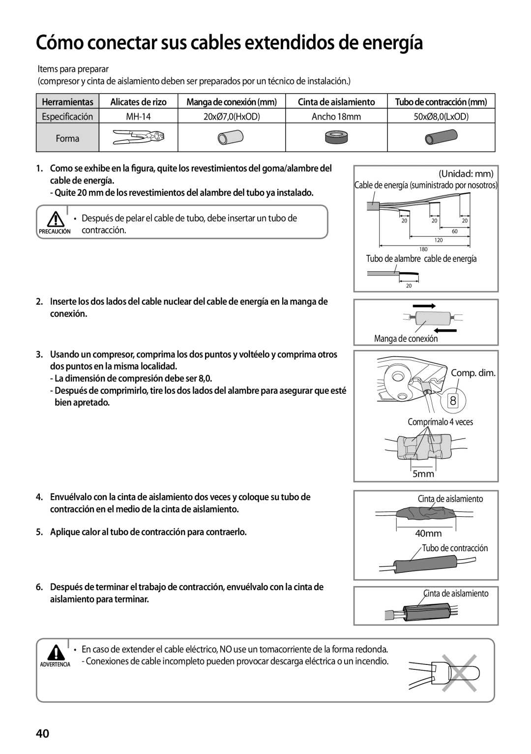 Samsung AQ09TSBNEUR, AQ09TSBXEUR Dos puntos en la misma localidad, La dimensión de compresión debe ser 8,0, Bien apretado 