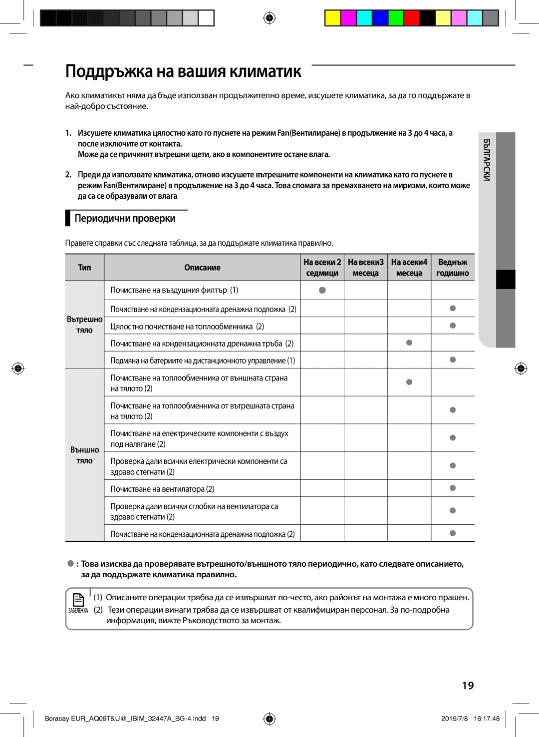 Samsung AQ12TSBXCEE, AQ12TSBNCEE, AQ09TSBXCEE, AQ09TSBNCEE manual Поддръжка на вашия климатик, Периодични проверки 