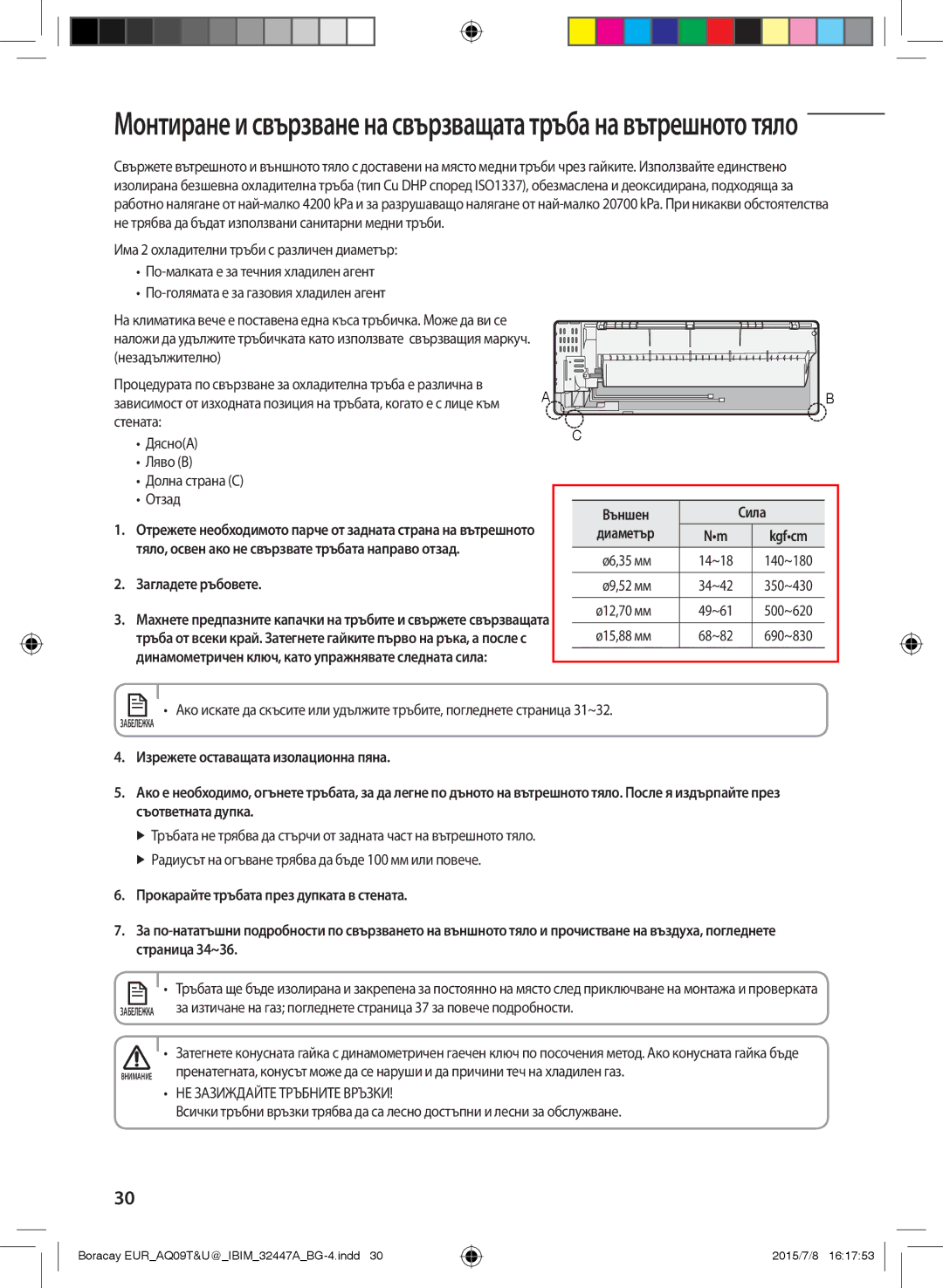 Samsung AQ09TSBXCEE, AQ12TSBXCEE, AQ12TSBN Стената ДясноA Ляво B Долна страна C Отзад, Сила, Диаметър, Загладете ръбовете 