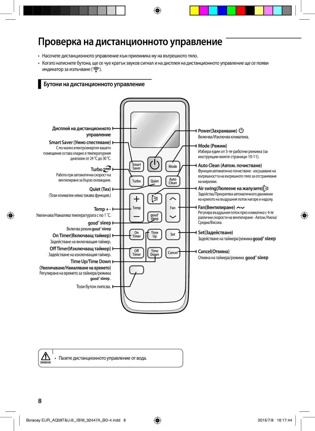 Samsung AQ09TSBX, AQ12TSBXCEE, AQ12TSBN, AQ09TSBN Проверка на дистанционното управление, Бутони на дистанционното управление 