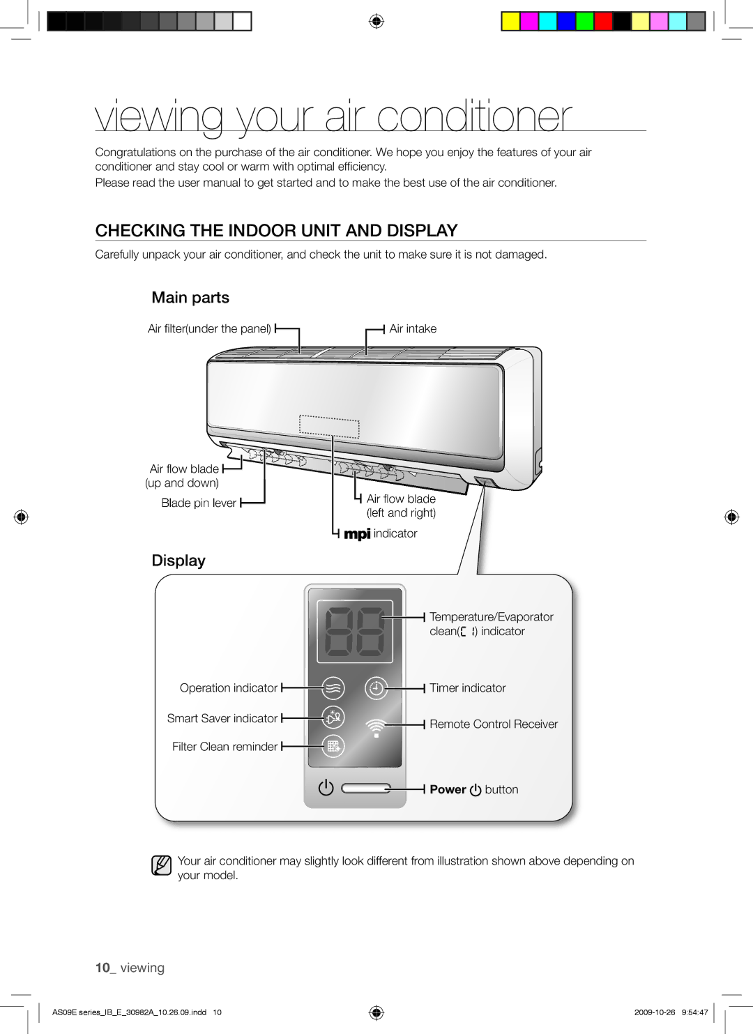 Samsung AS24ESAXMID, AQ09UGDX, AS18ESANMID Viewing your air conditioner, Checking the Indoor Unit and Display, Main parts 