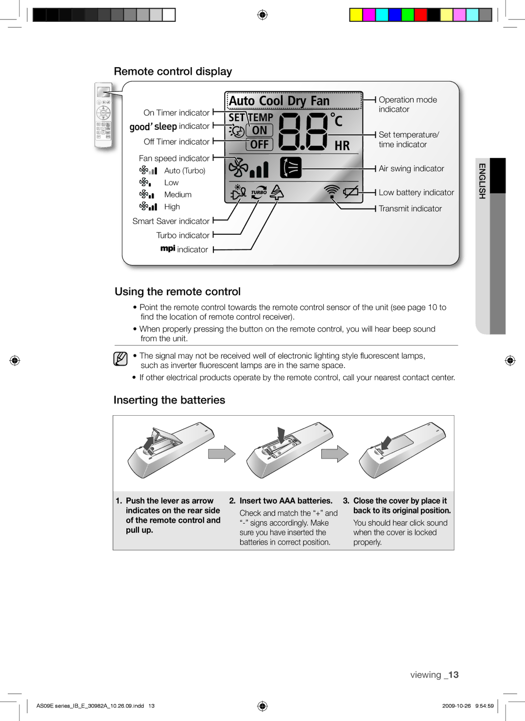 Samsung AQ09UGDX, AS18ESANMID, AS18ESANXSG manual Remote control display, Using the remote control, Inserting the batteries 