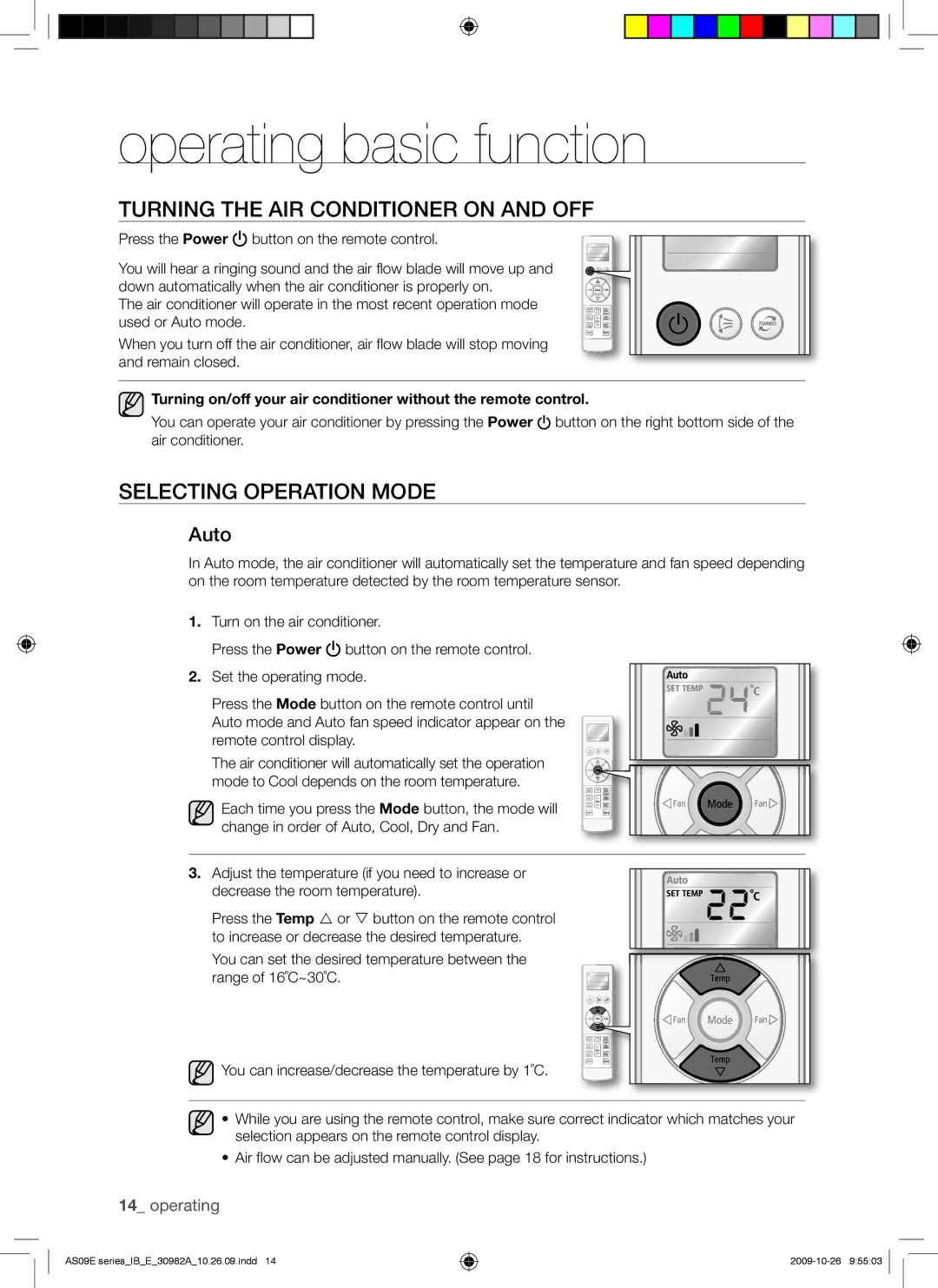 Samsung AS18ESANMID manual Operating basic function, Turning the AIR Conditioner on and OFF, Selecting Operation Mode, Auto 