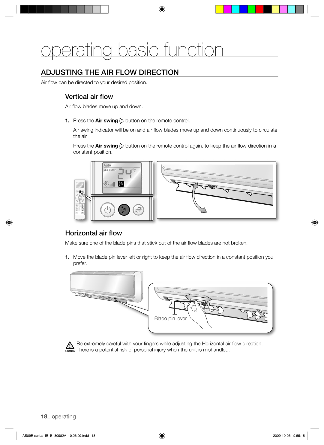 Samsung AS18ESAXXSG, AQ09UGDX, AS18ESANMID manual Adjusting the AIR Flow Direction, Vertical air flow, Horizontal air flow 