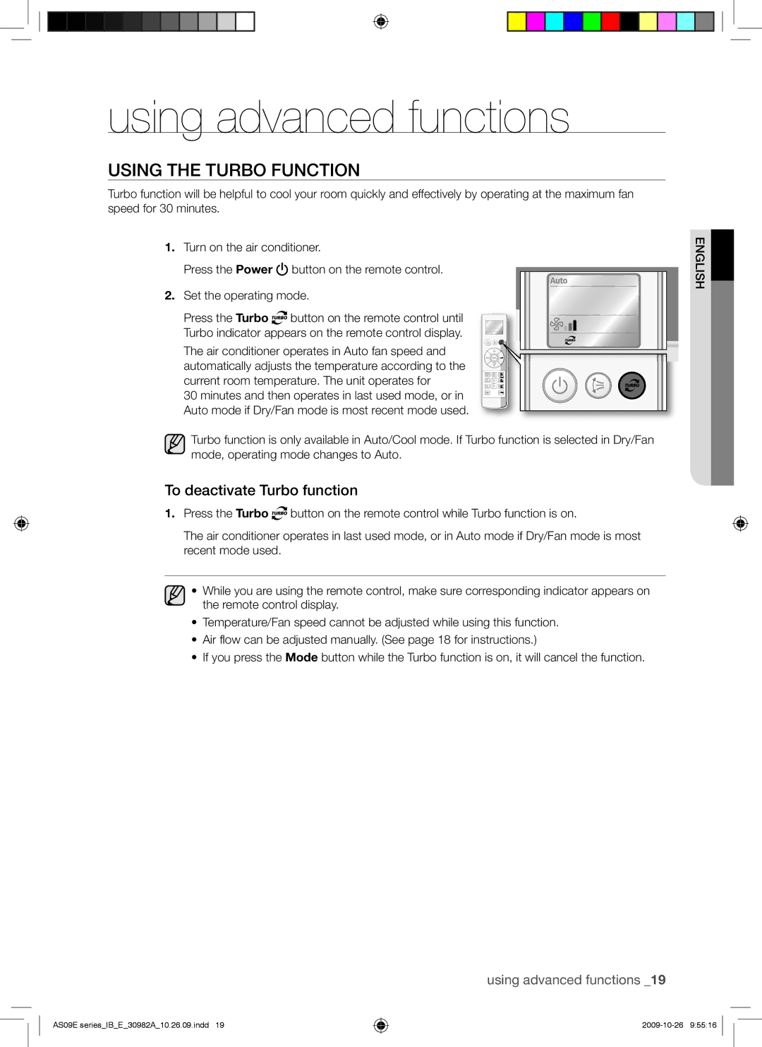 Samsung AS24ESAXUMG, AQ09UGDX, AS18ESANMID, AS18ESANXSG, AS18ESAXMID manual Using advanced functions, Using the Turbo Function 