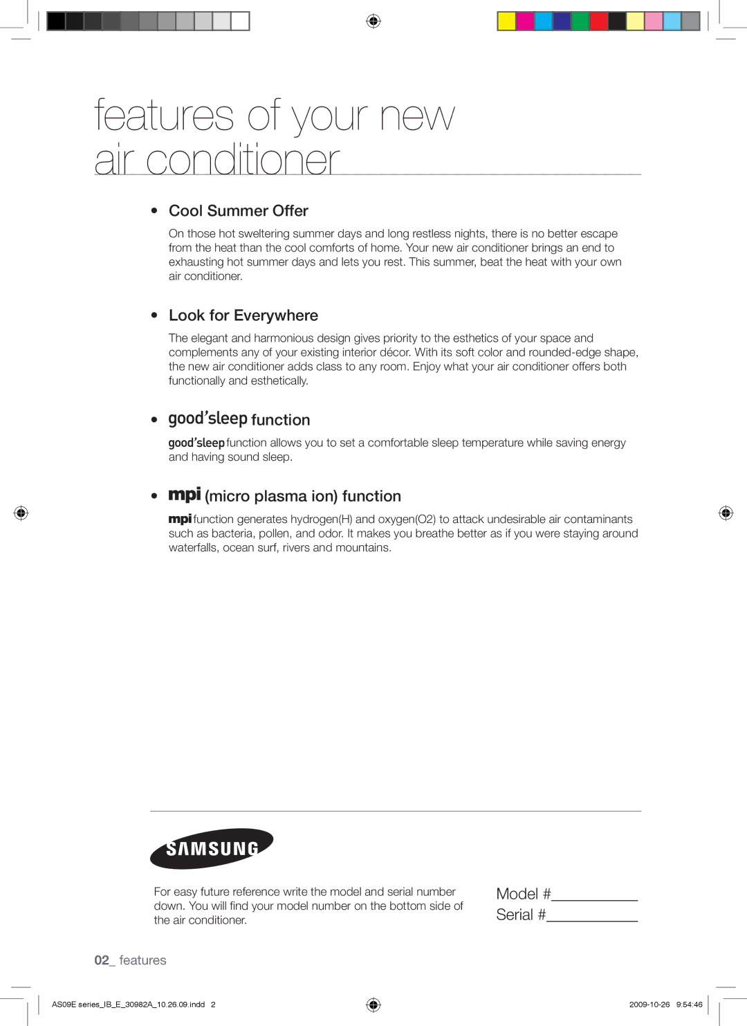 Samsung AS18ESANXSG manual Cool Summer Offer, Look for Everywhere, Function, Micro plasma ion function, Model # Serial # 