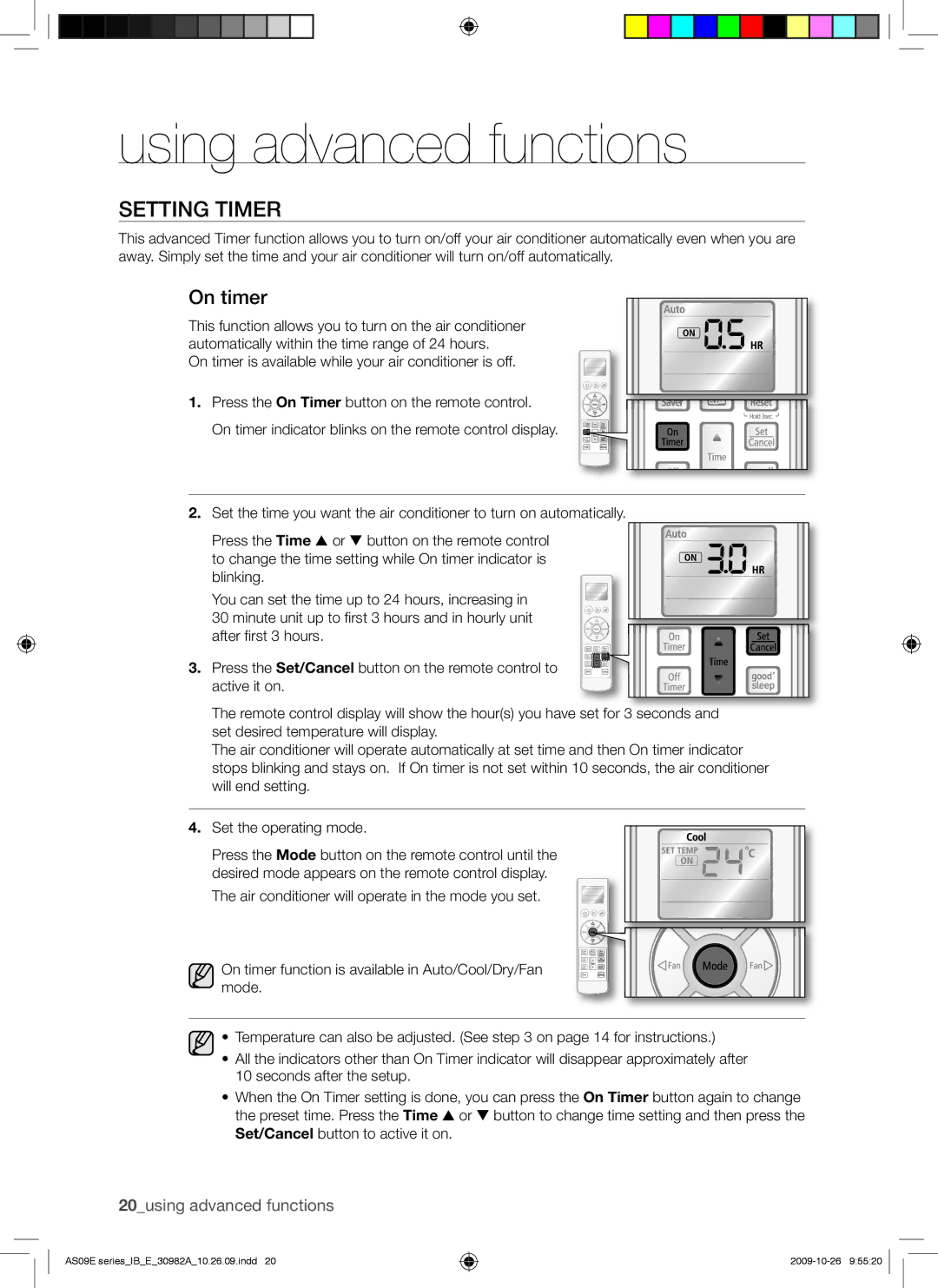 Samsung AS24ESAXXSG, AQ09UGDX, AS18ESANMID, AS18ESANXSG, AS18ESAXMID, AS18ESAXUMG, AS18ESAXXSG manual Setting Timer, On timer 