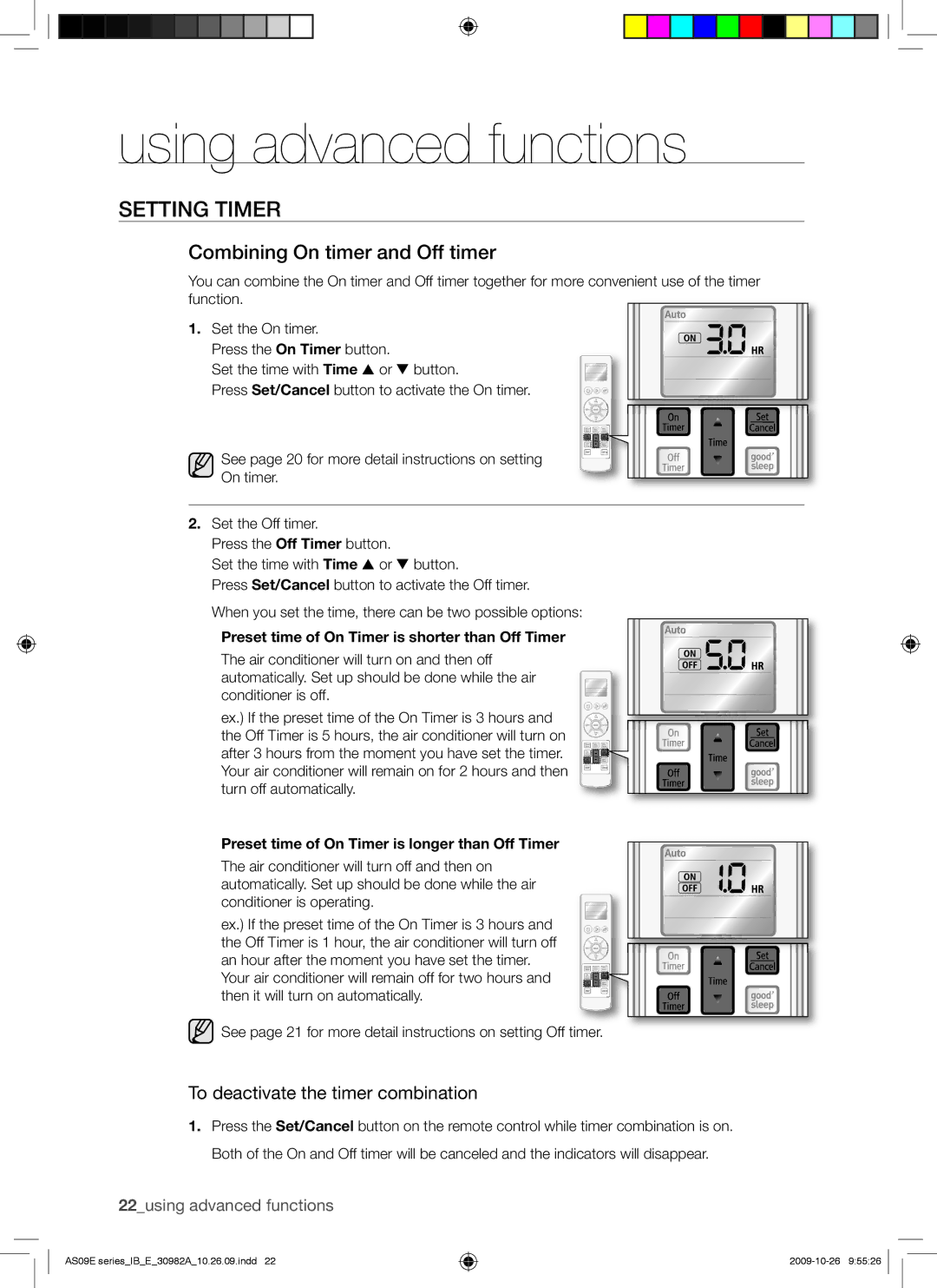 Samsung AS24ESANUMG, AQ09UGDX manual Combining On timer and Off timer, Preset time of On Timer is shorter than Off Timer 