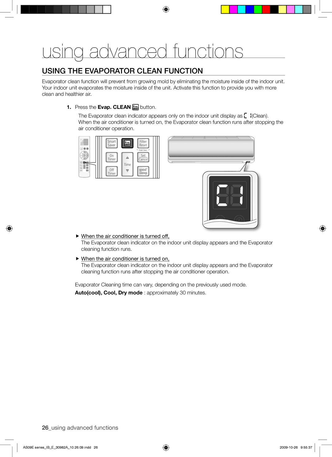 Samsung AQ09UGDX, AS18ESANMID, AS18ESANXSG, AS18ESAXMID, AS18ESAXUMG, AS18ESAXXSG manual Using the Evaporator Clean Function 