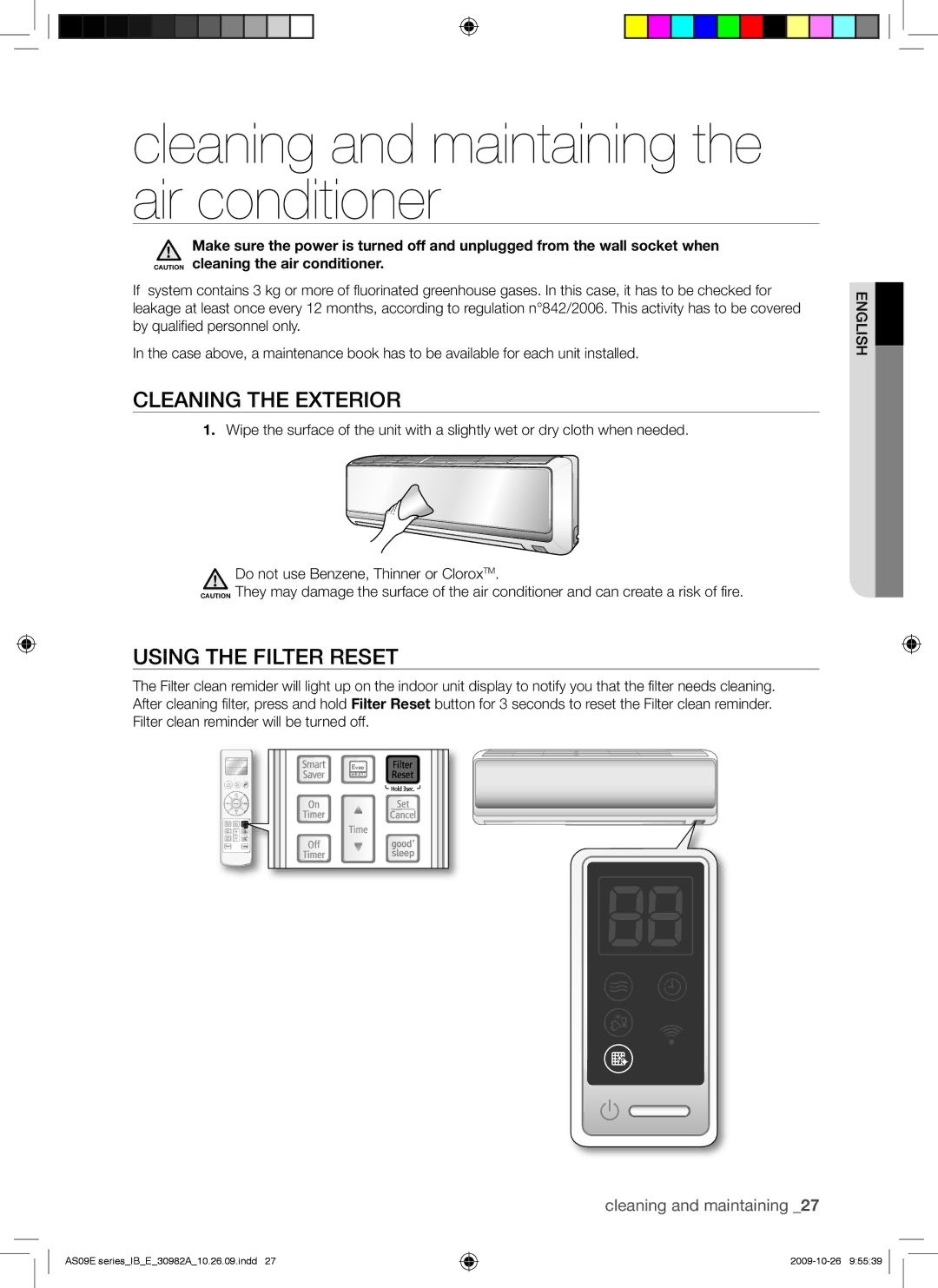 Samsung AS18ESANMID, AQ09UGDX Cleaning and maintaining the air conditioner, Cleaning the Exterior, Using the Filter Reset 